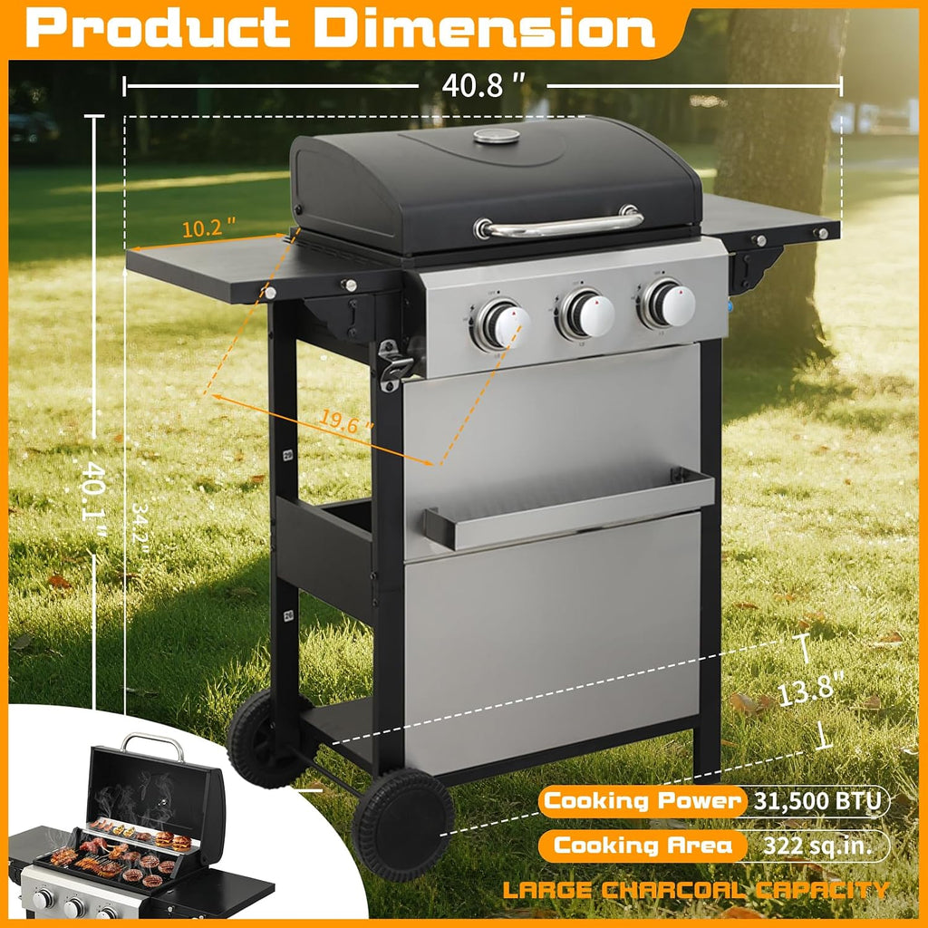CIG GARDEN 3-Burner Propane Gas Grill,Outdoor Barbecue Grill with Side Tables and Wire Enamel Cooking Grids,31,500 BTU Output Stainless Steel Grill for Patio Garden Camping Backyard BBQ