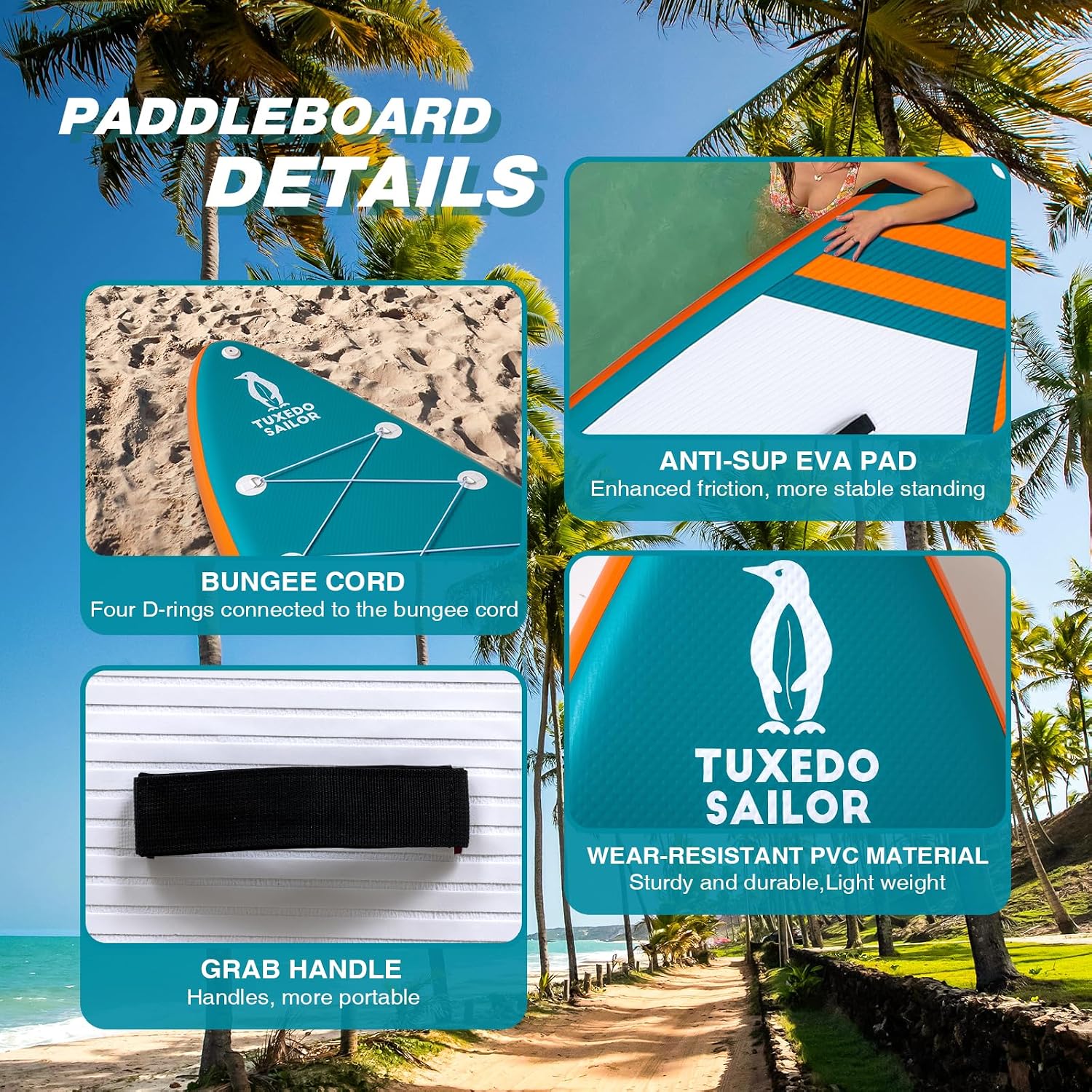 Tuxedo Sailor 10'6'/11' Inflatable Stand Up Paddle Board with SUP Accessories, Anti-Slip EVA Deck and Large Fin, Paddle Boards for Adults & Youth of All Skill Levels