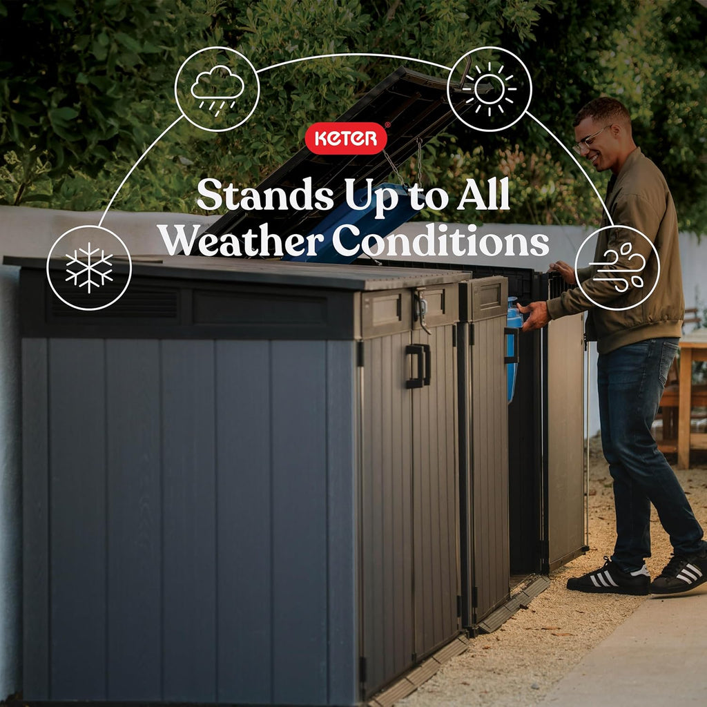 Keter Cortina Mega All‑Weather Outdoor Resin Horizontal Storage Shed with Lockable Doors, Garbage Bin & Yard Equipment Storage, Durable Patio Storage Cabinet, Graphite
