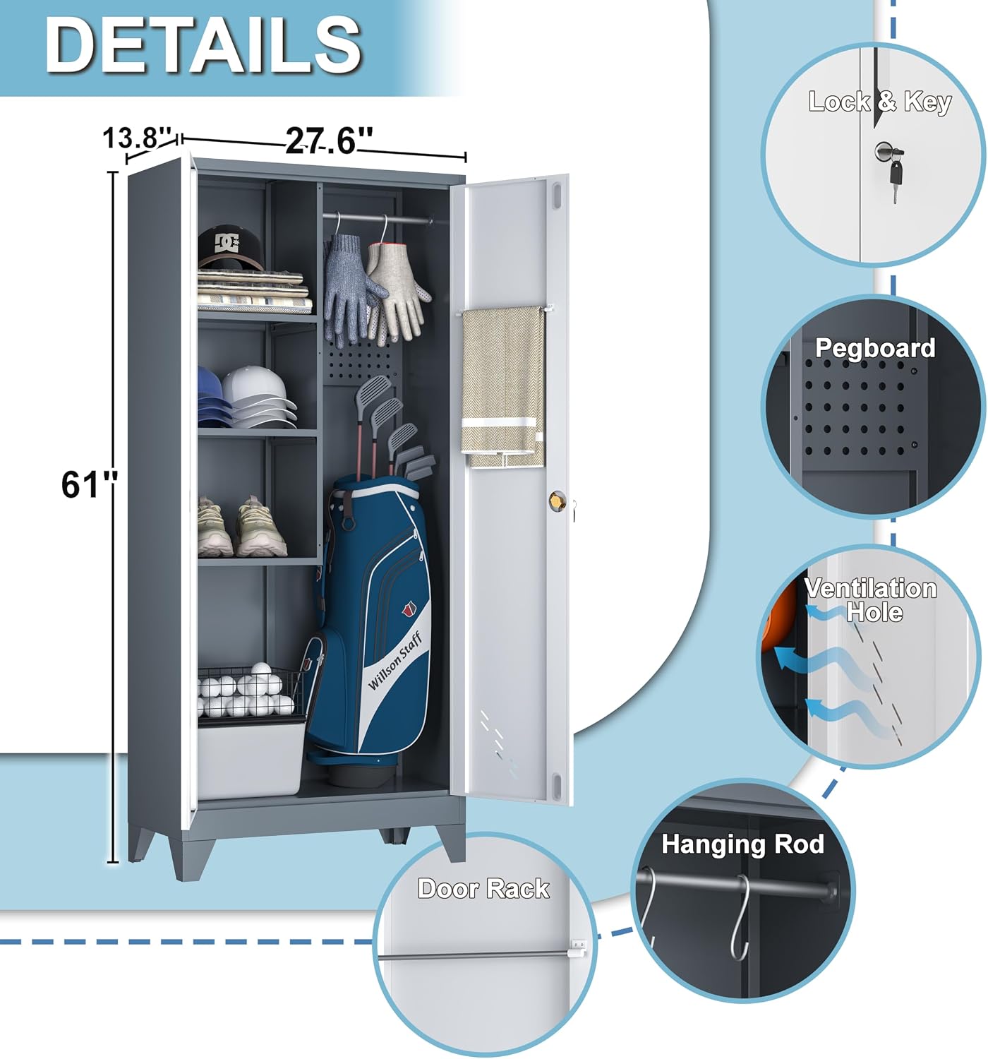 VASAAOSD 61' Broom Closet Storage Cabinet, Metal Storage Cabinet with Doors, Utility Cabinets for Brooms and Mops, Cleaning Tool Cabinets for Garage, Laundry Room, Bathroom (White)