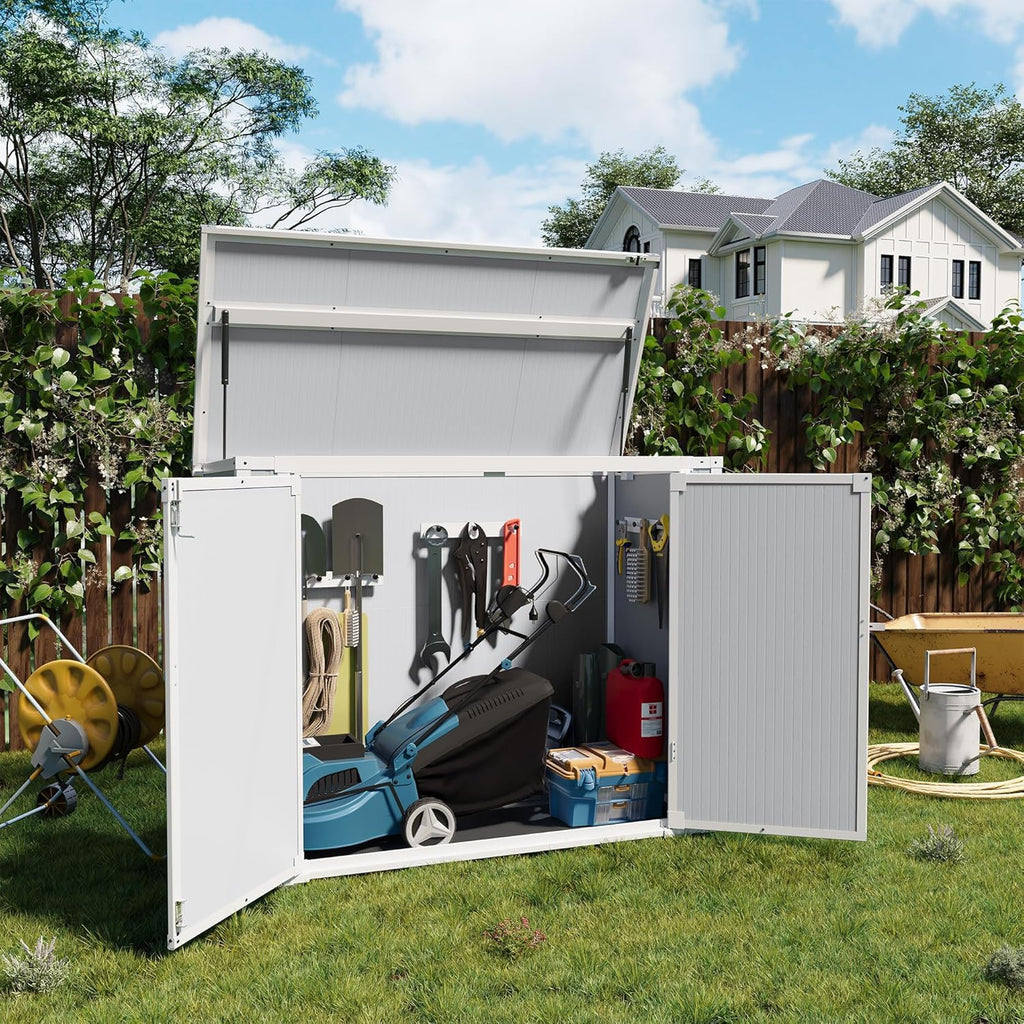 41 Cu.Ft Horizontal Outdoor Plastic Storage Shed/Box Trash Can Sheds Weatherproof Resin Shed with Floor Thickened & Gas Spring & Lockable Doors for Tools, Lawn Mower Storage（4.5 * 2.5 FT）