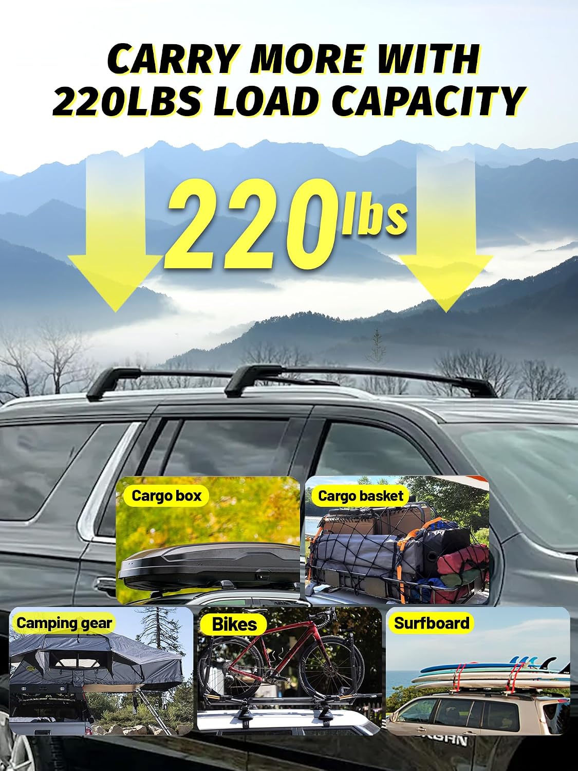 Gdydi 220lbs Roof Rack Cross Bars Compatible with 2021-2025 Suburban, Tahoe, GMC Yukon, Yukon XL, Cadillac Escalade ESV with Anti-Theft Lock, Black Matte Aluminum Anti-Corrosion Crossbars