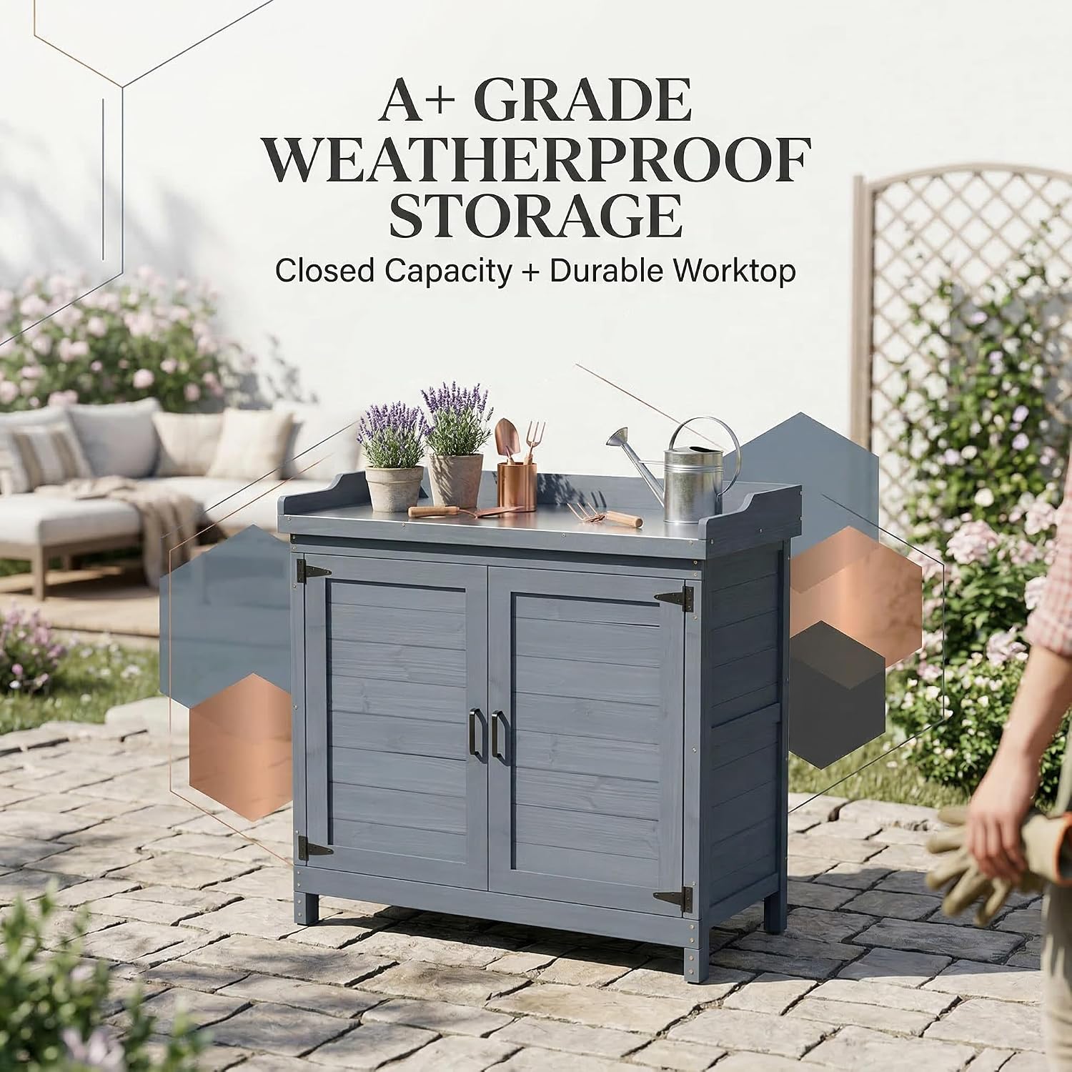 Outdoor Garden Patio Wooden Storage Cabinet Furniture Waterproof Tool Shed with Potting Benches Outdoor Work Station Table (Gray)