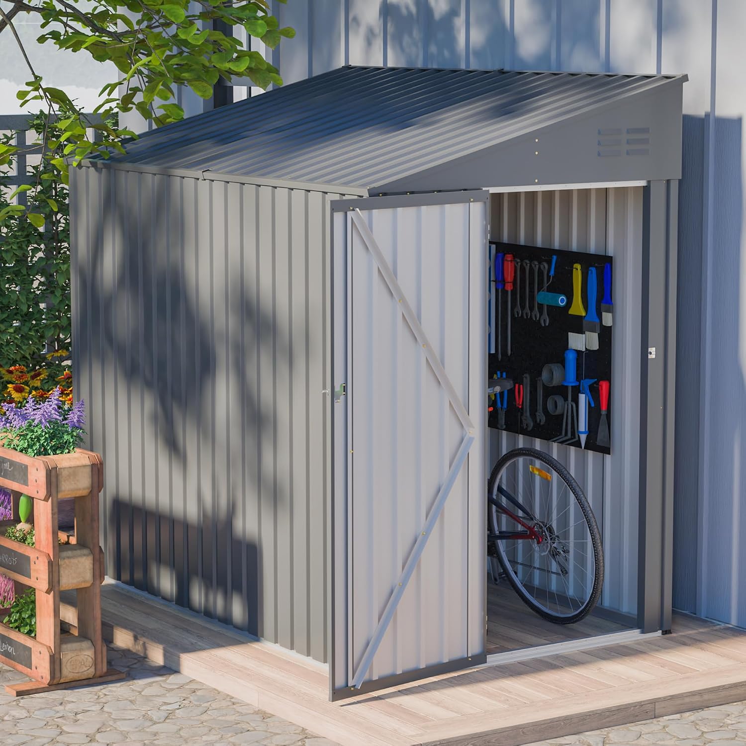 YOPTO 4x7 FT Outdoor Storage Shed,Lean to Lockable Metal Garden Shed Steel with Reinforced Beams,All Weather Waterproof Storage House W/Lockable Door,for Backyard,Patio,Lawn,Garden,Dark Gray