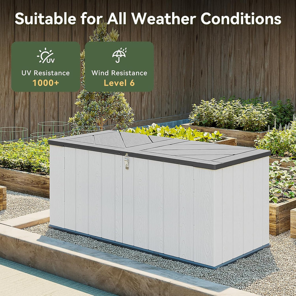 AOXUN Horizontal Storage Sheds 21 Cu.ft, HDPE Outdoor Storage Box 160 Gallon, Waterproof Lockable Resin Deck Box with Spring-Assisted Lid, Patio Storage for Garden, Pool, Cushions, Tools, White