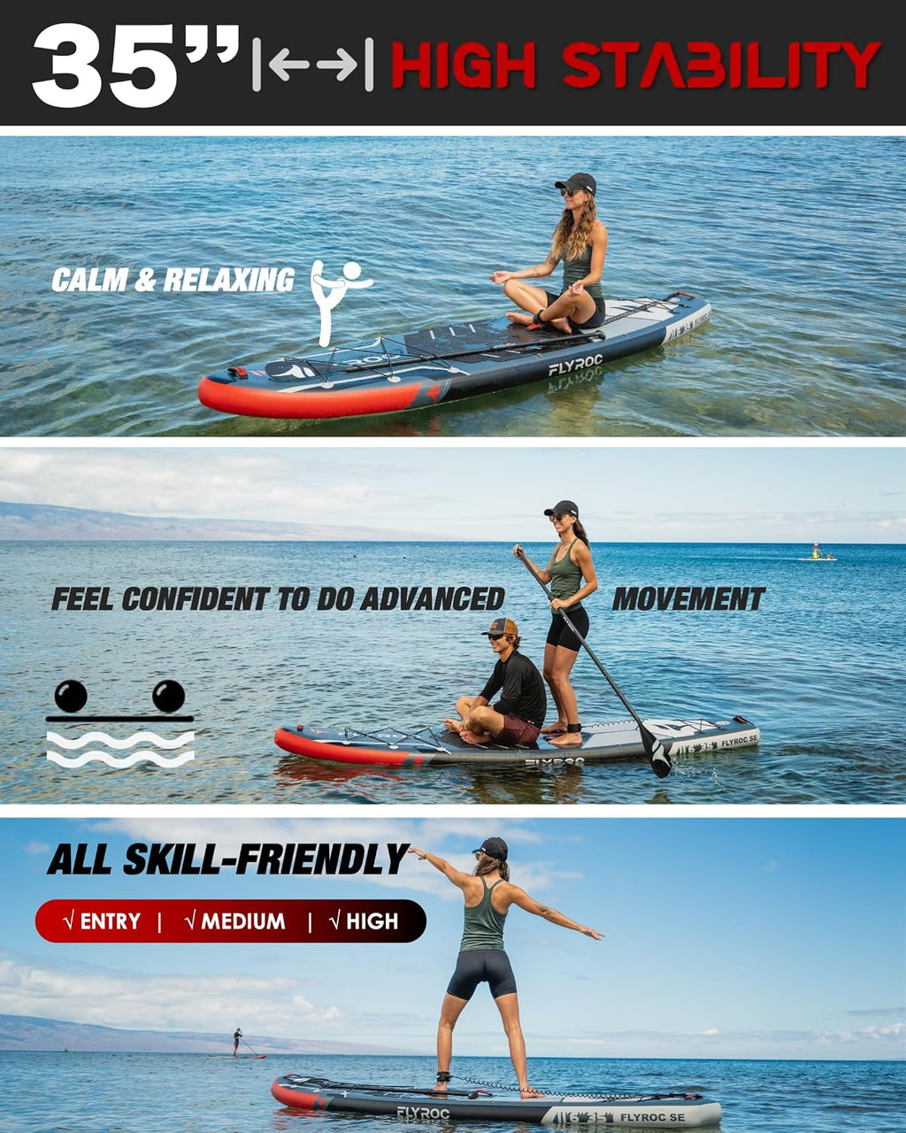 11'6x35'' Extra Wide Inflatable Paddle Board, 450lb Capacity Stand Up Paddle Board for Adults (x3), Stable Inflatable SUP, All Skill Levels, 3 Handles, 100L Backpack, 3PCS Paddle, 5L Dry Bag
