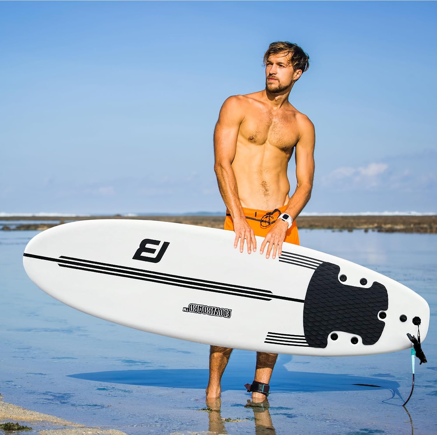 FLOWBOARD Surfboard Softboard Foam - Include (3) Fins 6' Foot Leash and (2) Wood Stringers Inside Board Availalable in 6' and 7' Short Board and 8' Longboard