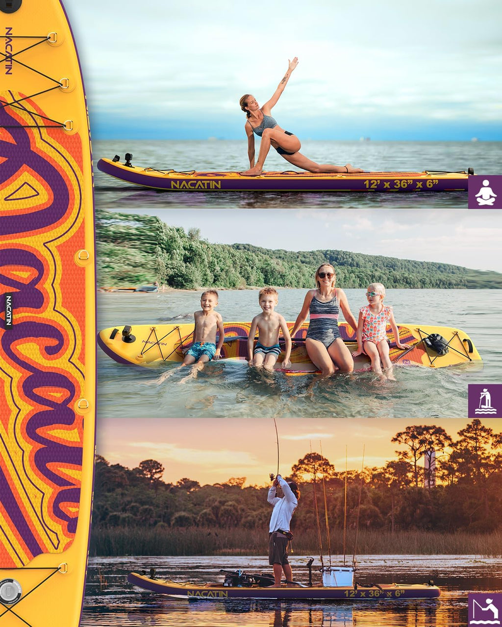 NACATIN 12'/366cm Extra Large Inflatable Stand Up Paddle Board with Seat, Wide 36'/91cm SUP Board for Adults & Family, with Single/Double Paddle, Kayak Seat, Pump, Stable Wide Deck for Beginners