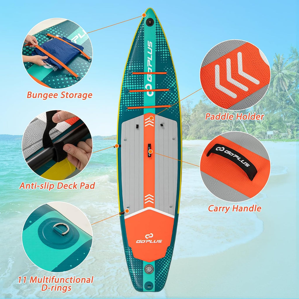 Goplus Inflatable Stand Up Paddle Board for Adults, 11FT SUP w/Premium Kayak Seat, Adjustable Paddle, Leash, Hand Pump, Repair Kit, Waterproof Phone Pouch, Backpack, Non-Slip Deck