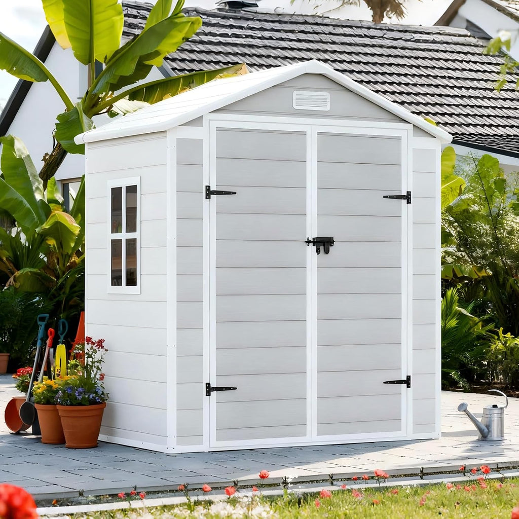 6x3 FT Plastic Outdoor Storage Shed with Floor and Lockable Door, All-Weather Resin Storage Shed Easy to Install, Garden Shed/Tool Shed for Backyard, Patio, Grey