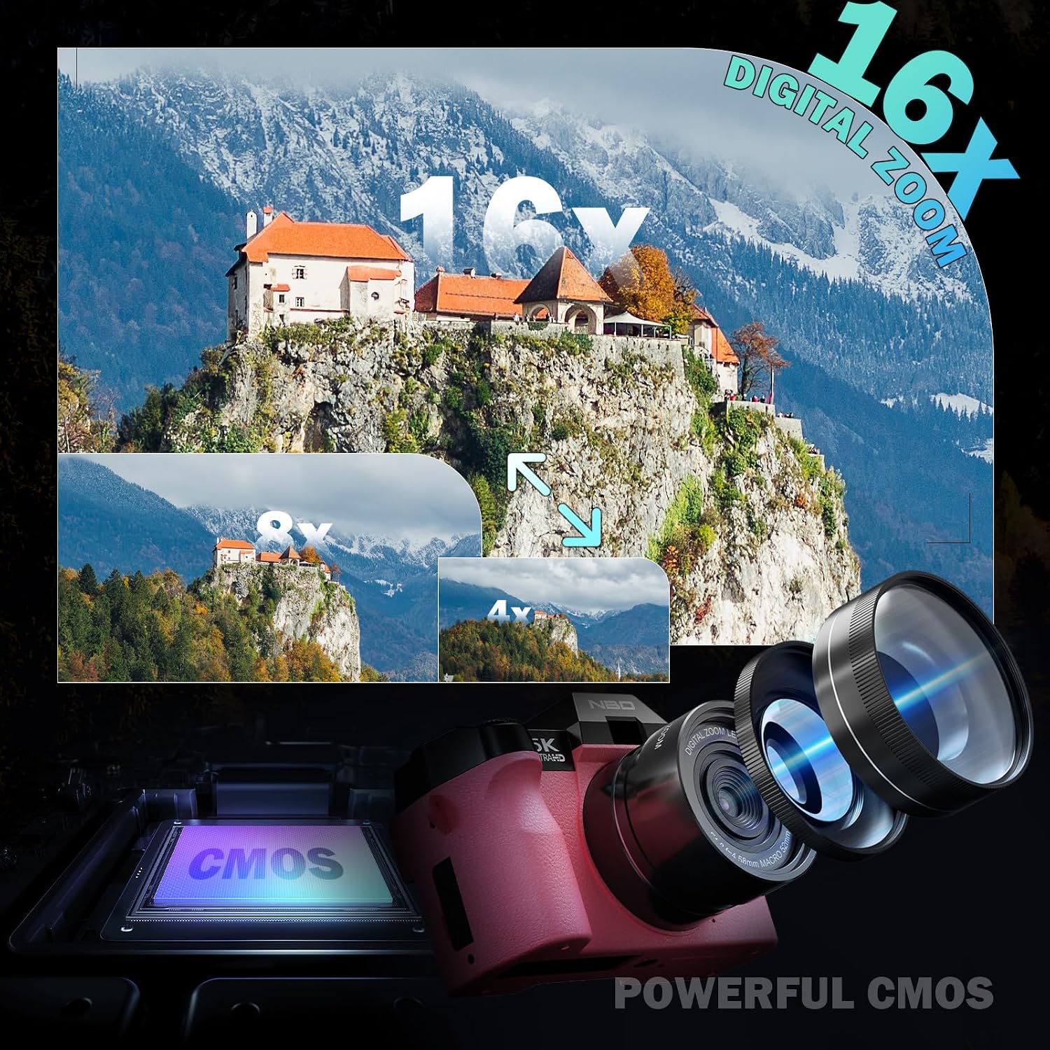 True 5K Digital Cameras for Photography 64MP - 16X Zoom, WiFi, with 64GB TF Card, Wide-Angle & Macro Lens, Autofocus & Anti-Shake, Vlogging Camera for YouTube Travel (Pink)