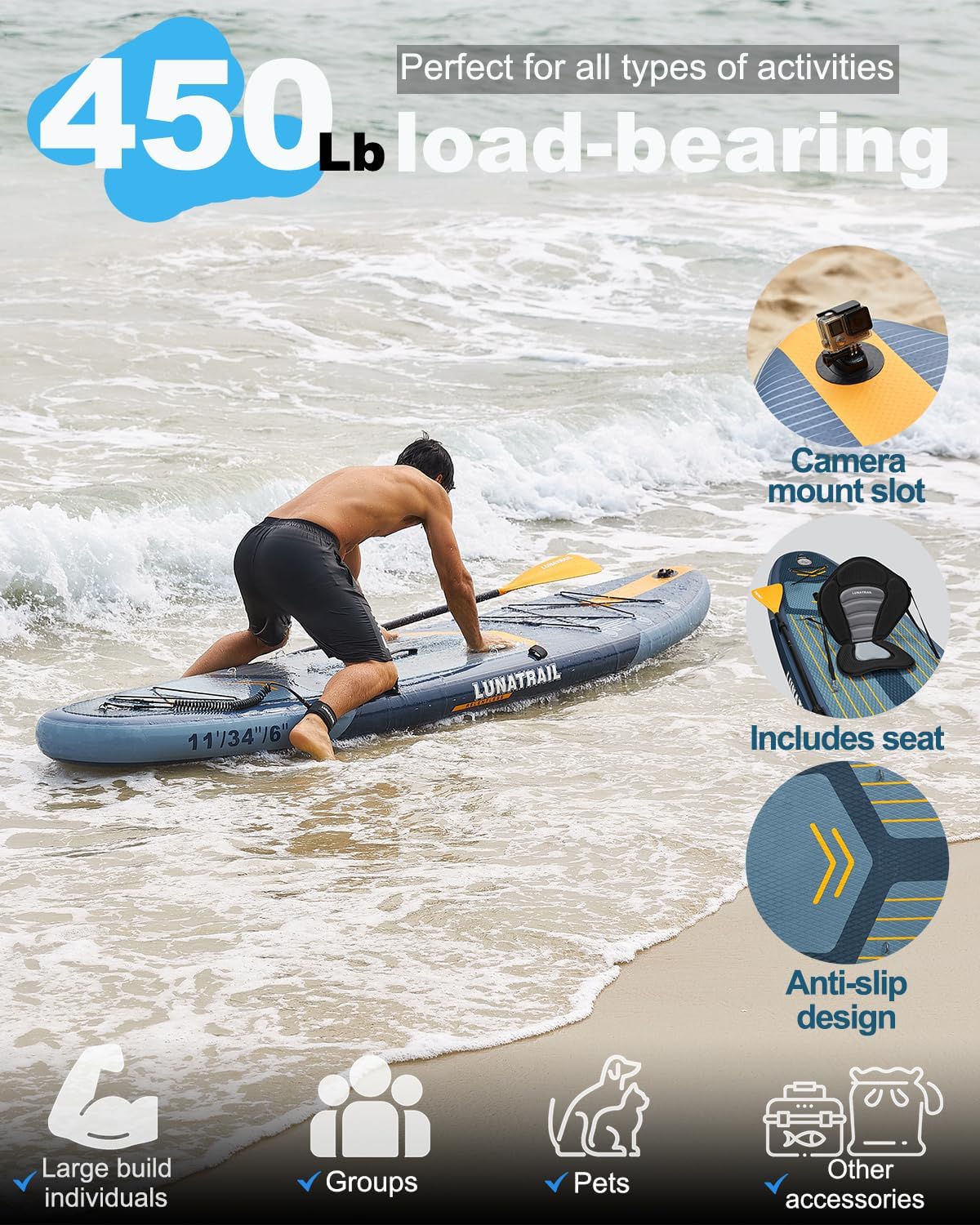 【11'×34'】 Extra Long/Extra Wide Premium Inflatable Stand Up Paddle Board (SUP) – Portable & Lightweight for Yoga, Surfing, Family Fun | Complete Kit with Paddle, Pump, Bag | Durable Design