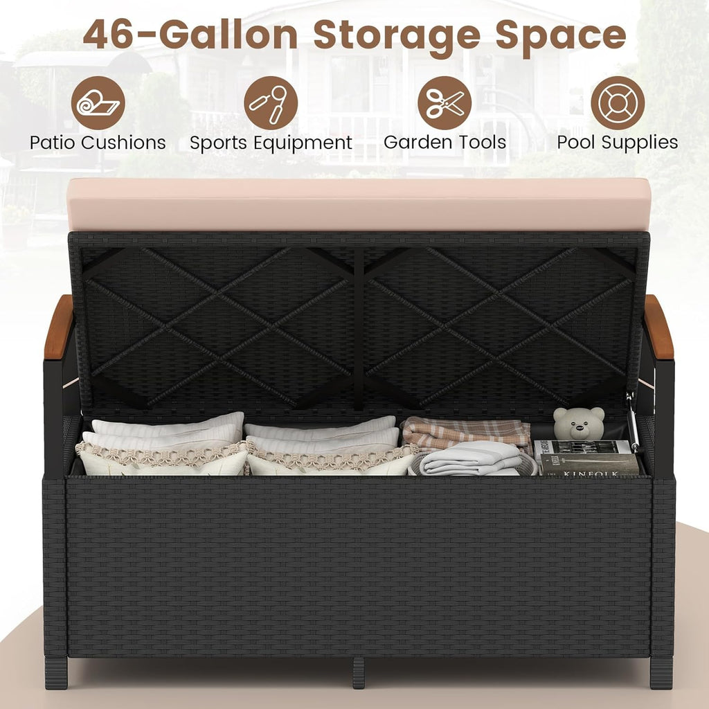 Tangkula 46 Gallon Outdoor Bench with Storage, Outdoor PE Rattan Storage Bench with Cushion, Backrest & Acacia Wood Armrests, Metal Frame, Waterproof Deck Box Seat for Porch Backyard Poolside