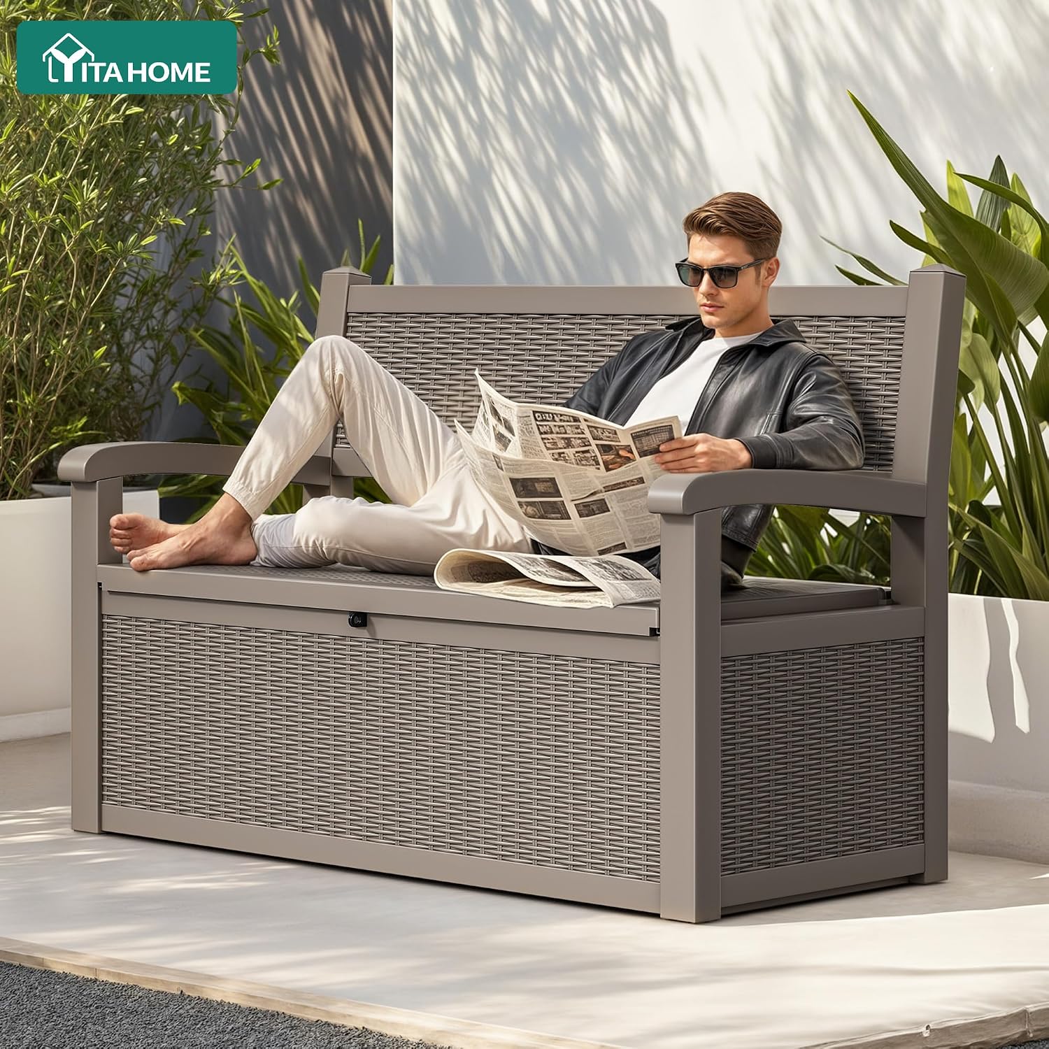 YITAHOME 70 Gallon Deck Bench with Storage, Outdoor Storage Box Bench with Armrests for Patio Garden Pool Porch, Waterproof&Lockable, Light Brown