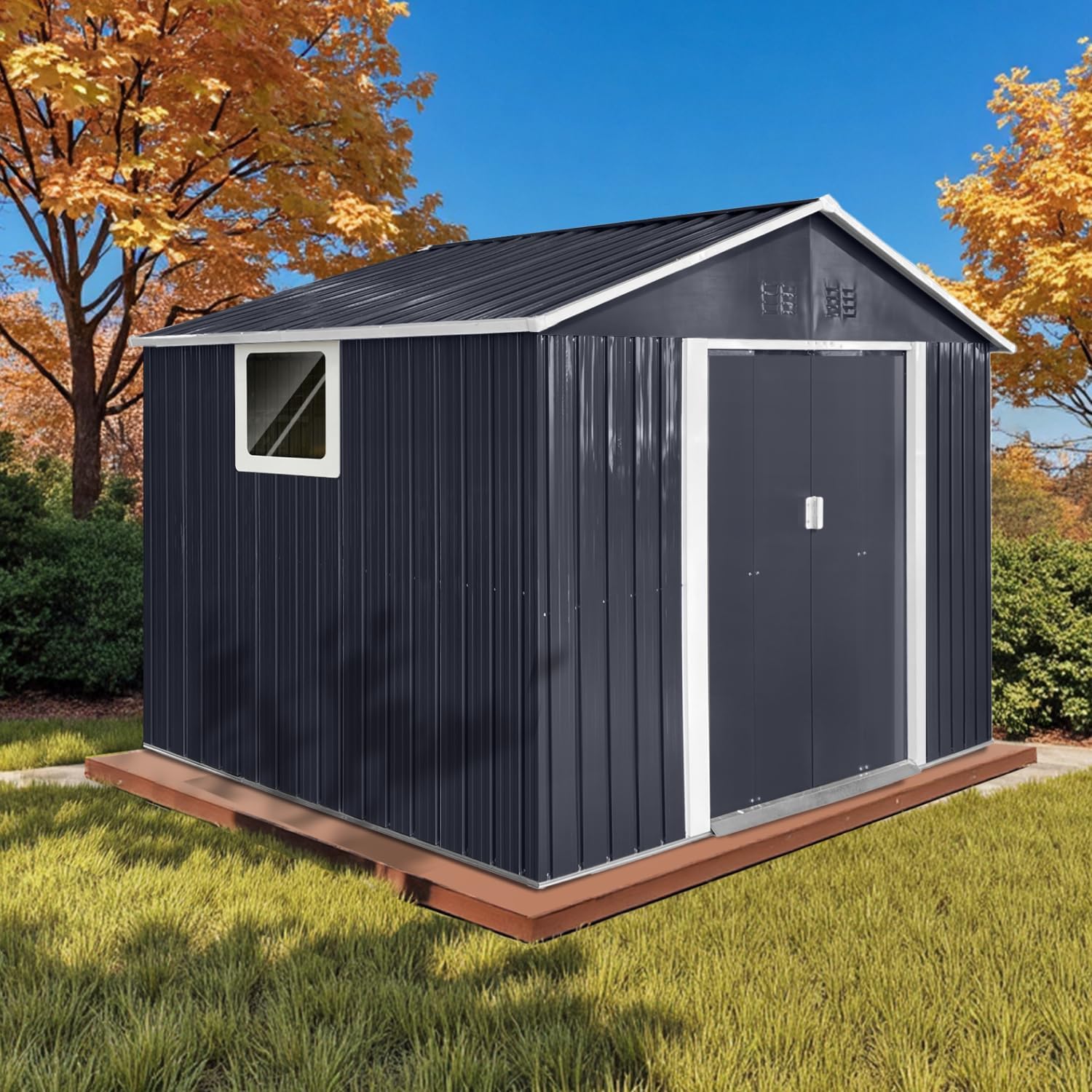 9' x 8.5' Outdoor Storage Shed, Sturdy Metal Building w/Windows & Lockable Doors for Garden, Backyard, Poolside and Lawn, Anthracite
