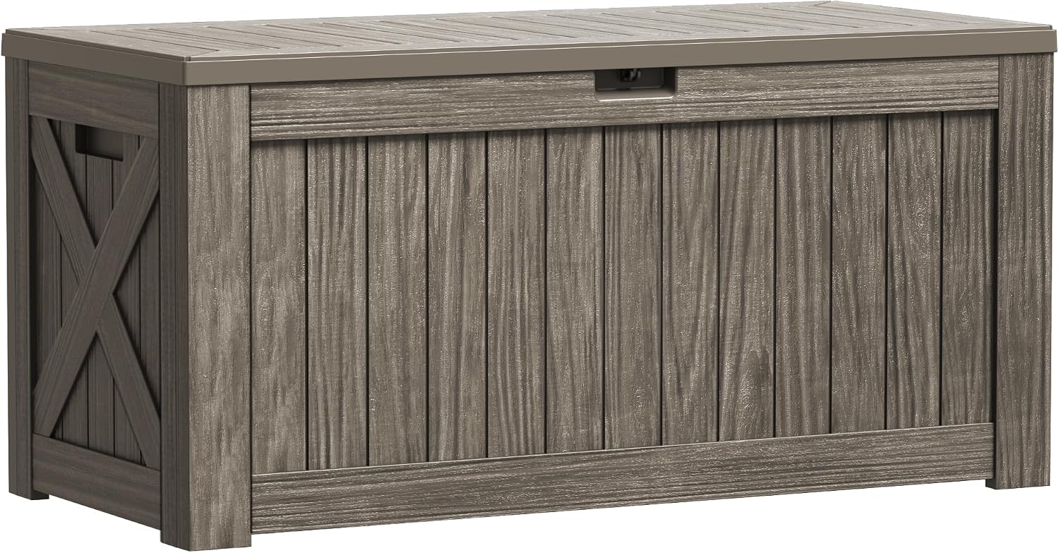 Greesum Outdoor Storage Box 120 Gallon Storage Bin with Lid for Patio Furniture, Garden Tools, Pool Supplies, Lockable, Waterproof and UV Resistant, Coffee