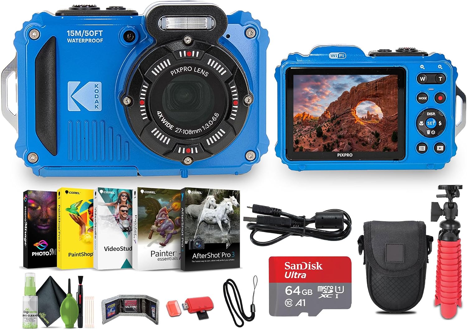 KODAK PIXPRO WPZ2 Rugged Waterproof Shockproof Dustproof WiFi Digital Vlogging Camera 16MP (Blue) Bundle with 64GB Memory Card + Vlogger Tripod + Bag + Cleaning Kit + More Accessories
