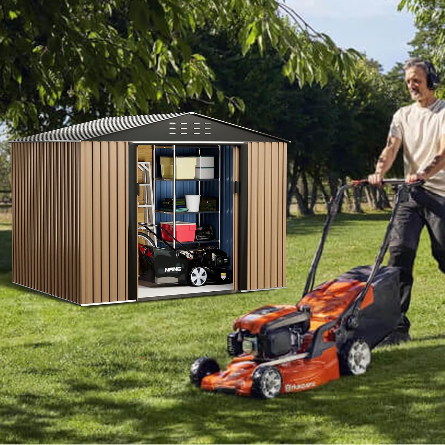 8FT x 6FT Sheds & Outdoor Storage, Metal Garden Shed, Outdoor Storage Shed, Metal Utility Tool Storage Shed with Door Lock, Waterproof Roofs, for Backyard Garden Patio Lawn, Brown