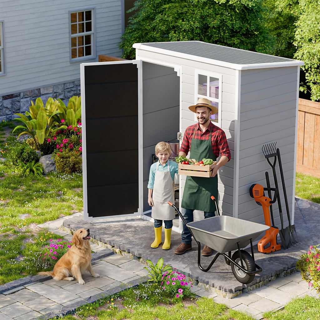HUSFU Outdoor Resin Storage Shed 5x3 FT, Plastic Tool Shed for Bike, Garbage Can, Chicken Coop, Outside Sheds with Lockable Door for Backyard, Patio, Lawn, Light Grey