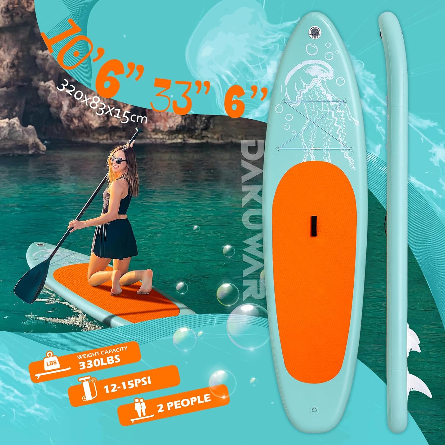 DAKUWAR Paddle Board 10'6''/10' Inflatable Stand Up Paddle Boards with SUP Accessories Ultra-Light Paddleboard Non-Slip Comfort Deck for Adults & Youth of All Skill Levels