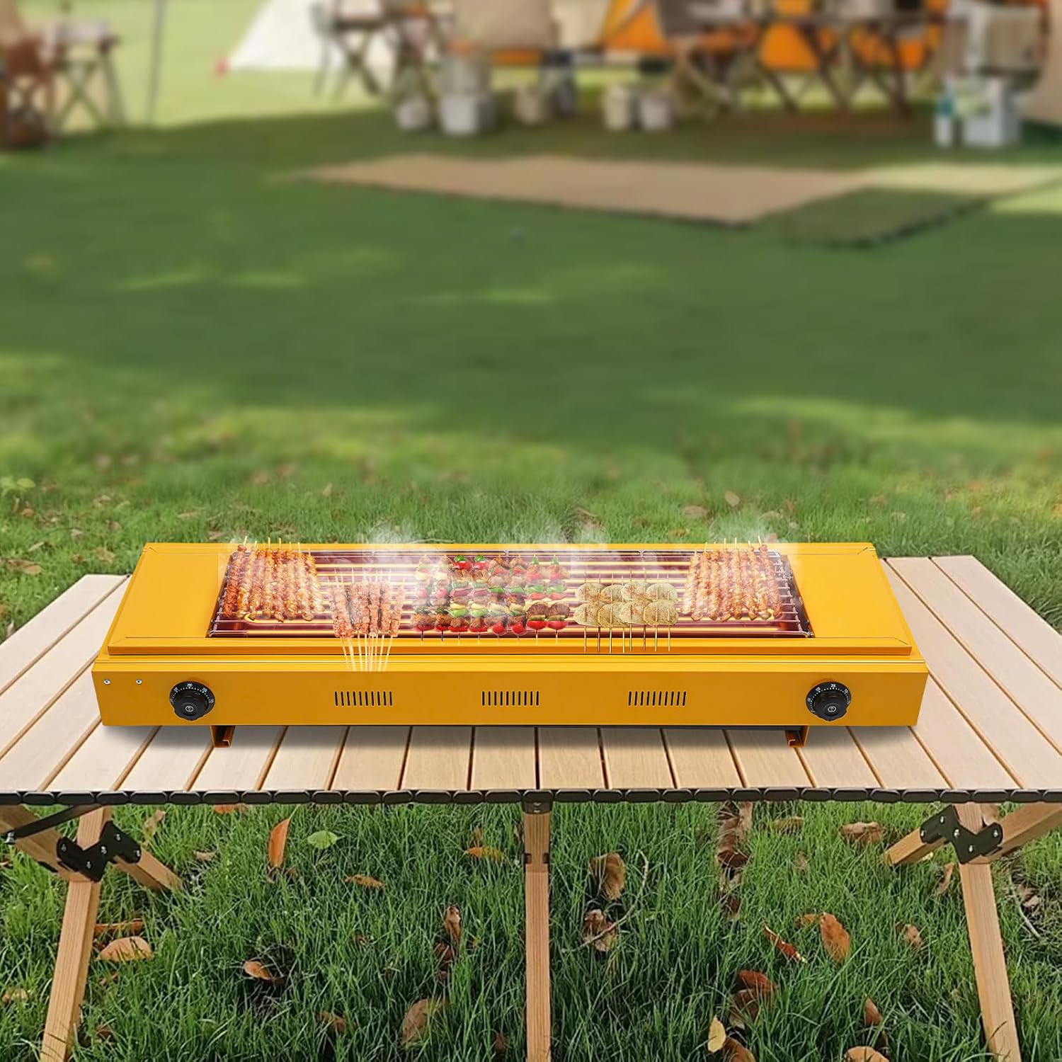DYRABREST Electric Portable BBQ Grill 3000W Dual-Head Temperature Control Stainless Steel Griller with Large 31.6x20.5 Inch Cooking Surface, 110V Outdoor Grill for Steak, Chicken, Vegetables (Yellow)