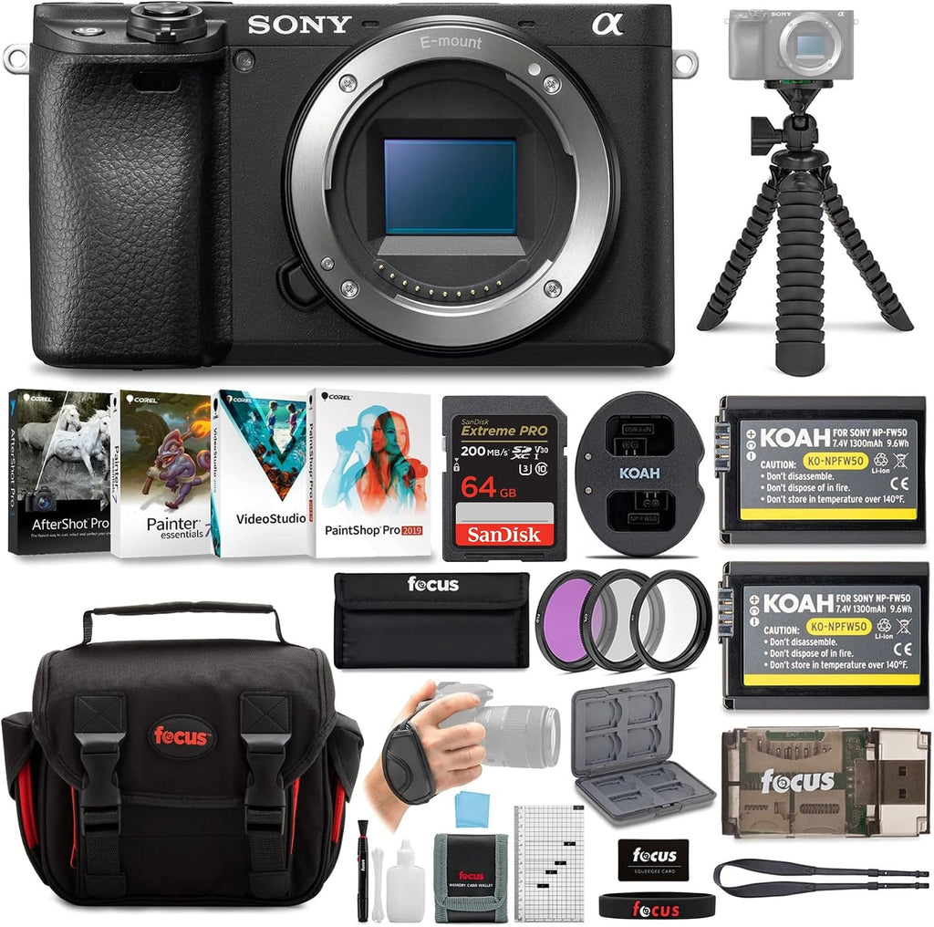 Sony a6400 Mirrorless Digital Camera (Body Only) Bundle with High Speed 64 GB SDXC Card, Filter Kit, 3 Batteries, USB Charger, Corel Photo Suite, Messenger Bag, Tripod, and SD Card Wallet (8 Items)