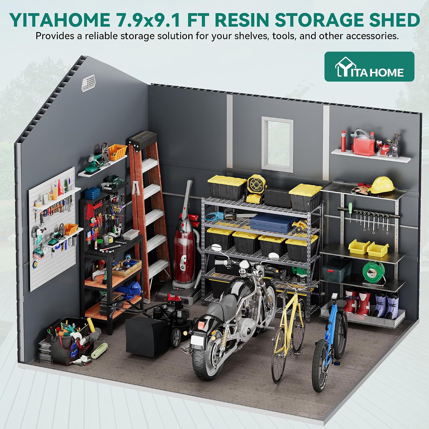 YITAHOME 8x9FT Resin Storage Unit sans Flooring, All-Weather Plastic Shed with Window, Vents and Secured Doors, Outdoor Plastic Tool Cabin for Poolside, Lawn, Backyard, Patio, Dark Gray