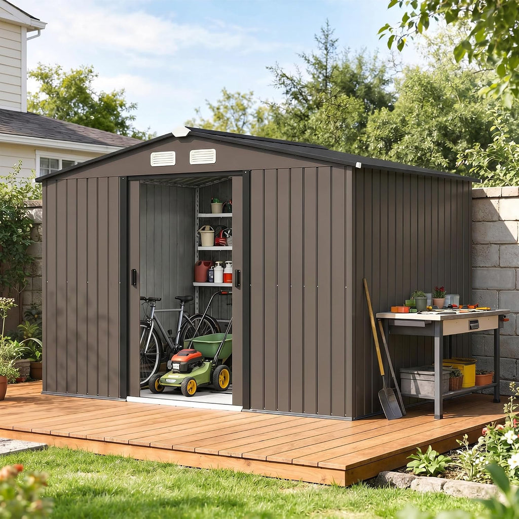 Outsunny 9' x 6' Outdoor Storage Shed, Garden Tool Metal Shed with Foundation Kit, Double Lockable Door, Air Vents and Sloping Roof, for Backyard, Patio, Lawn, Brown