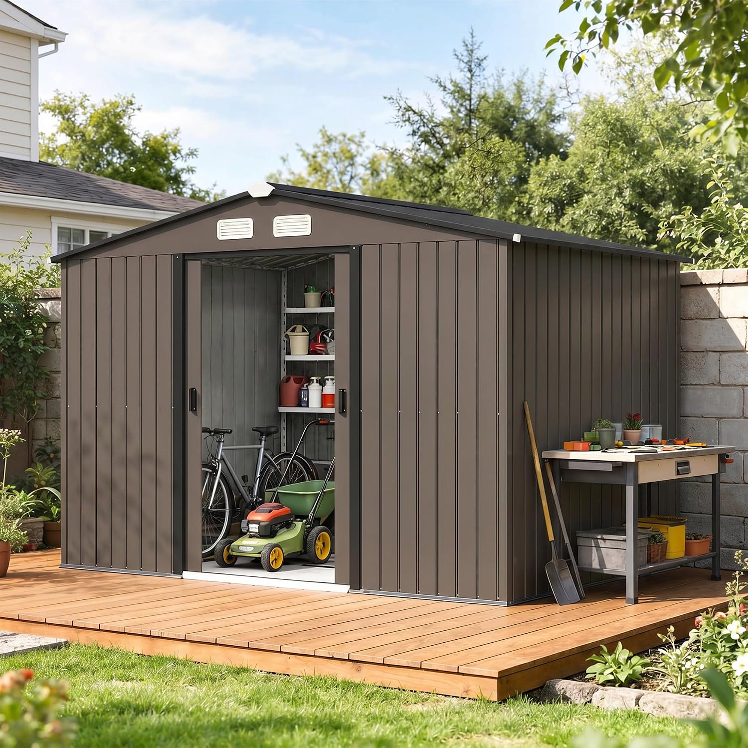 Outsunny 9' x 6' Outdoor Storage Shed, Garden Tool Metal Shed with Foundation Kit, Double Lockable Door, Air Vents and Sloping Roof, for Backyard, Patio, Lawn, Brown