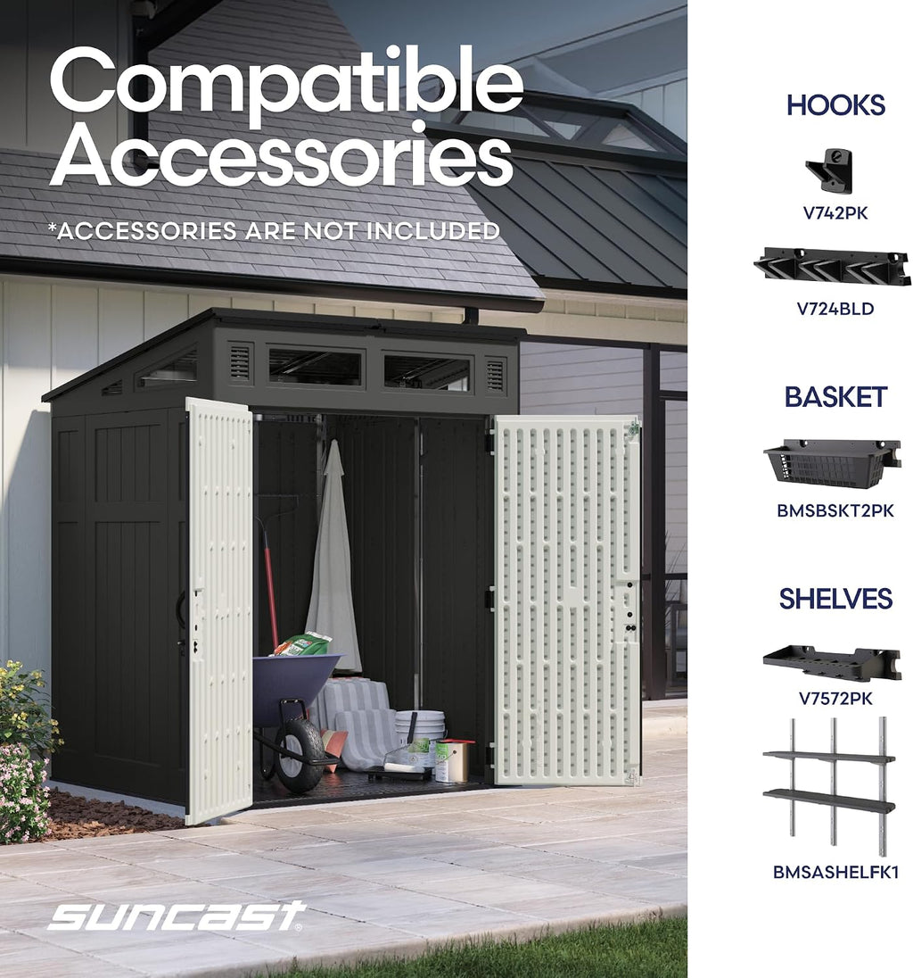 Suncast 6x5 Ft. Modernist Garden Shed, 200 Cu Ft Peppercorn Resin Shed with Floor, Lockable Doors, & Windows. Weatherproof Modern Resin Sheds & Outdoor Storage for Tools, Bikes, Lawn Mowers, & More