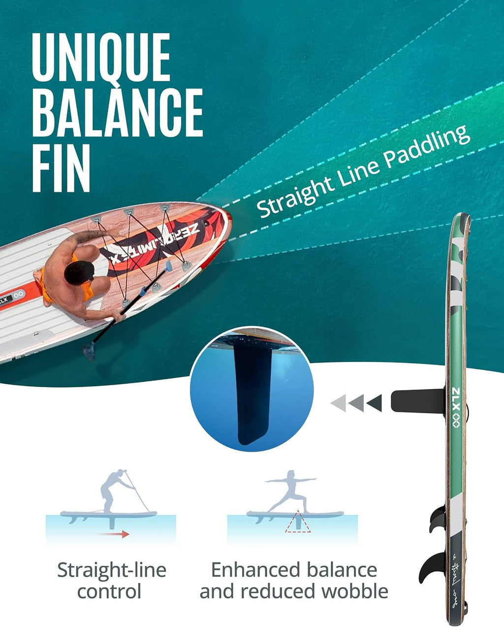 ZLX Inflatable Stand Up Paddle Board, 10'6' SUP Non-Slip Stable Deck Pad, Unique Center Fin, Premium Accessories, Paddleboard for Adults, Beginners, All Skill Levels