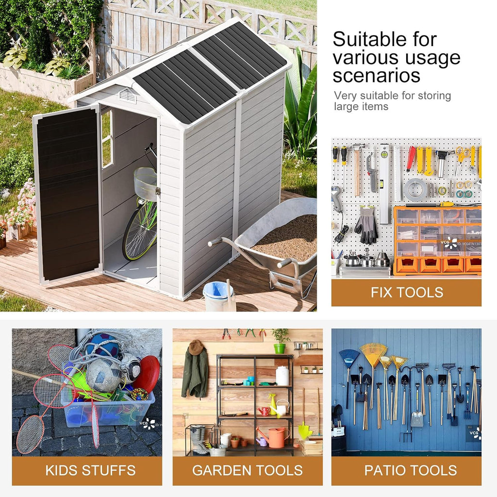 Resin Outdoor Storage Shed with Floor 6x4 FT Waterproof Plastic Sheds Kit Window Lockable Door Included, Outside Garden Tools Sheds for Backyard Patio, Gray