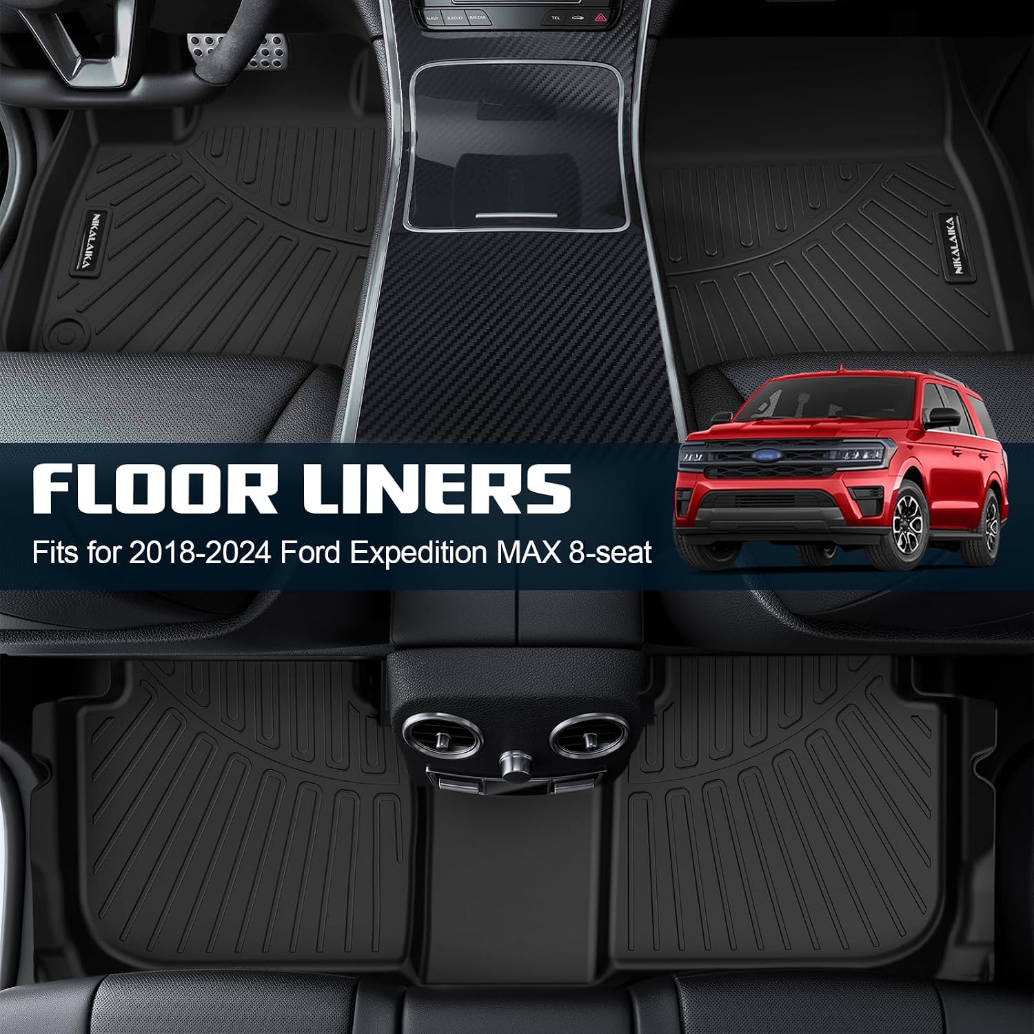 Floor Mats & Cargo Liner for 2018-2024 Ford Expedition 8 Seats with 2nd Row Bench Seat (Only Fit MAX Or L) All Weather Protection TPE Rubber Floor Liners Automotive Accessories, Black