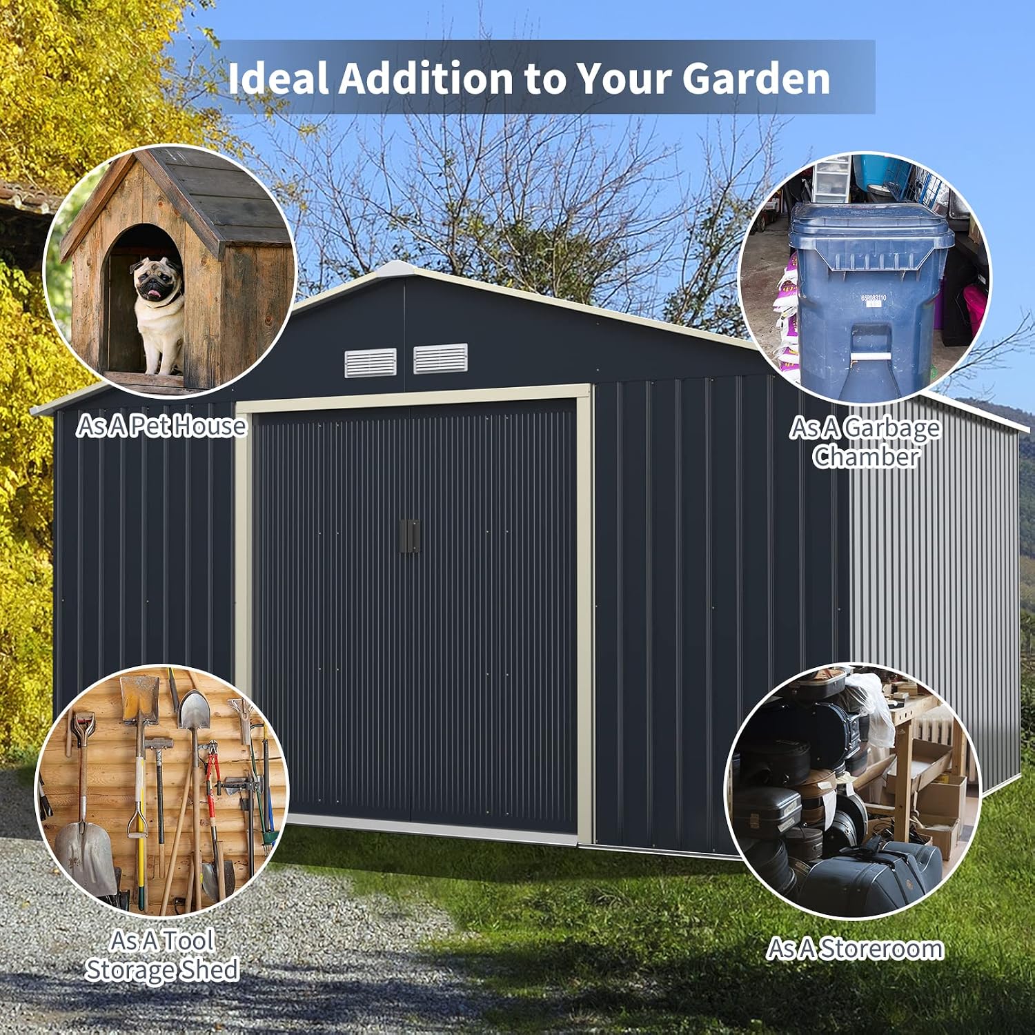 Goplus Outdoor Storage Shed, 11' X 10' Metal Garden Shed with 4 Vents & Double Sliding Door, Utility Tool Shed Storage House for Backyard, Patio, Lawn
