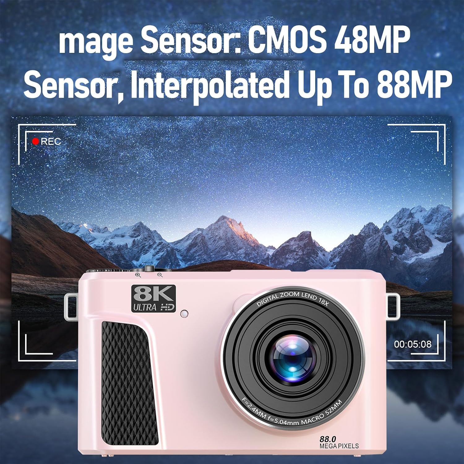 PUSOKEI 8K Digital Camera, Auto Focus 88MP Cameras for Photography, 18x Zoom WiFi Vlogging Camera, 3 inch Flip Screen, with Webcam Mode, Filter, Multiple Filters LED Fill Light (Pink)