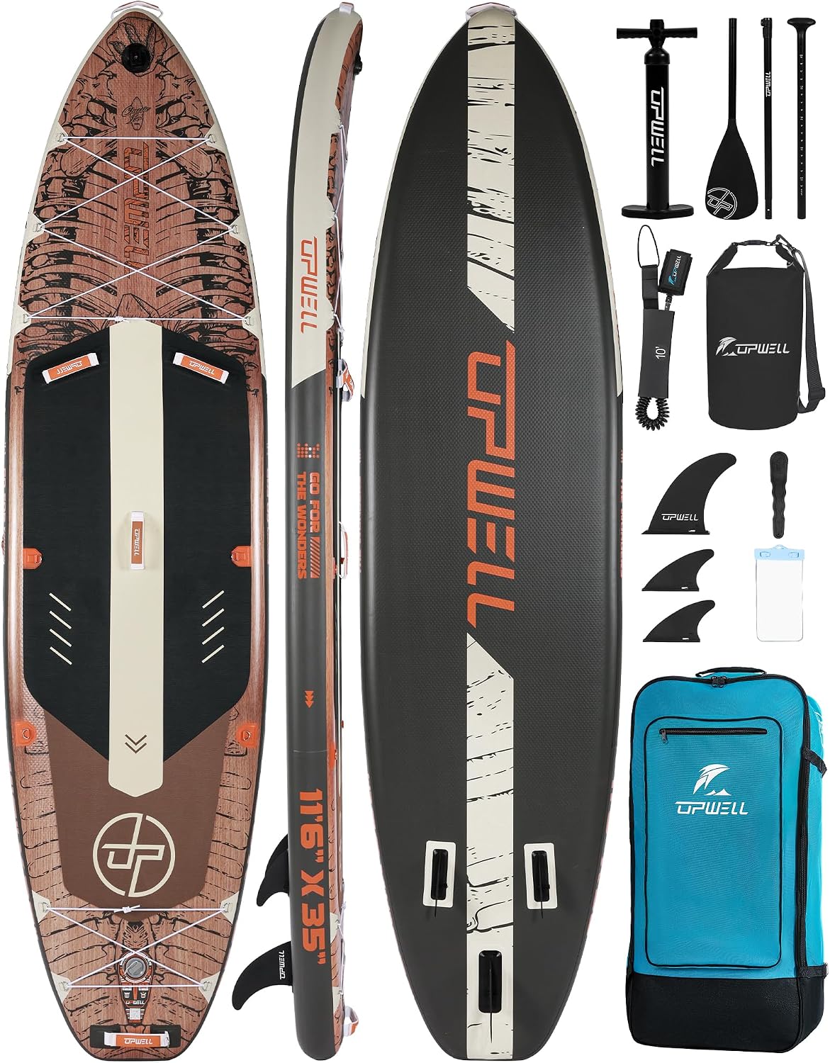 UPWELL 10'6'/11'/11'6' Inflatable Paddle Board, Stand Up Paddlboard for Youth & Adults, Stable Design, Premium SUP Accessories, Backpack, Leash, Hand Pump, Fins