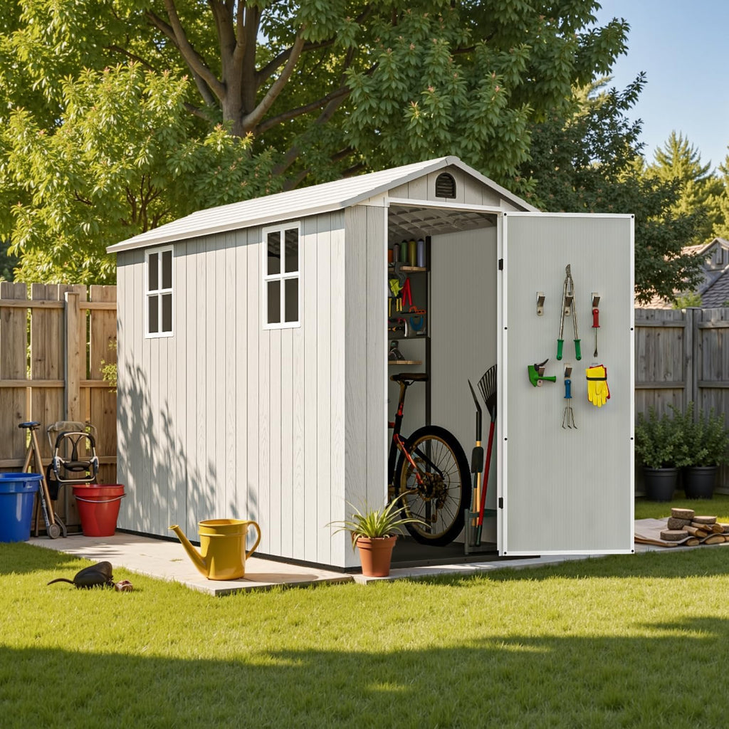 Patiowell 4x8 FT Outdoor Storage Shed with Floor & 2 Windows, Large Plastic Garden Shed with Lockable Door for Backyard, Patio, and Lawn, White (Fit-it Shed)
