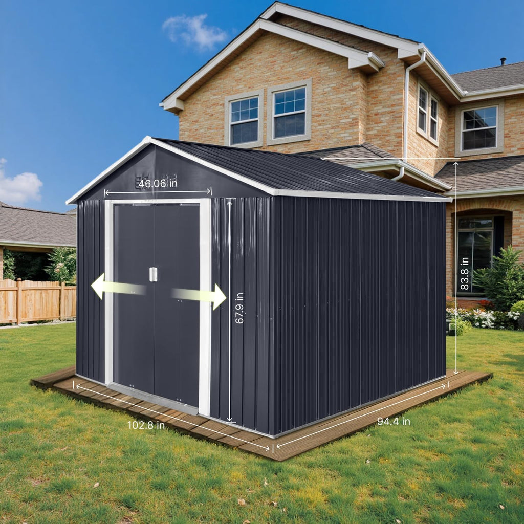 9' x 8.5' Outdoor Storage Shed, Sturdy Metal Building w/Windows & Lockable Doors for Garden, Backyard, Poolside and Lawn, Anthracite