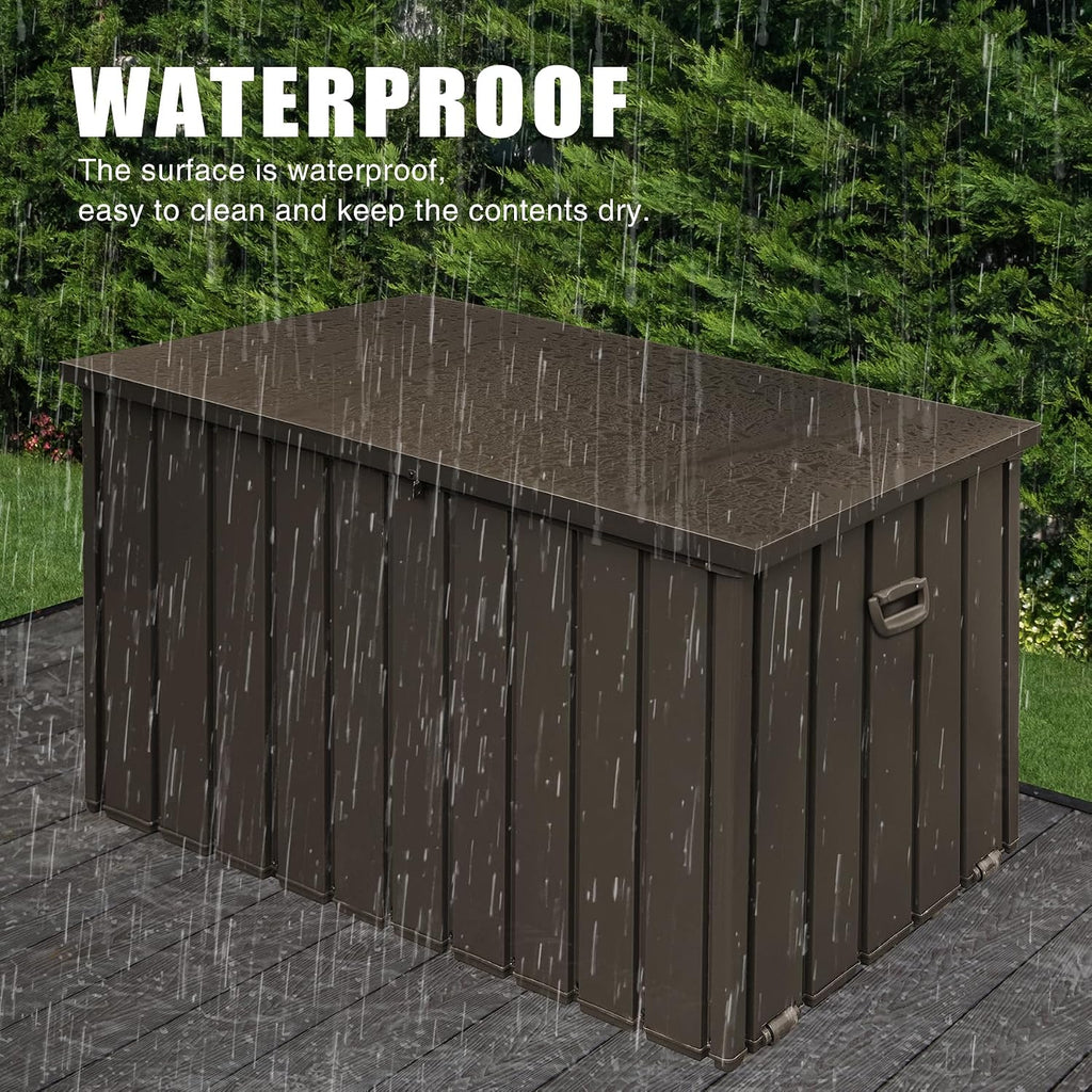 Domi Outdoor Deck Box 100 Gallon, Waterproof Lockable Steel Outdoor Storage Container for Outside Cushions, Garden Tools and Pools Equipment (Dark Brown)