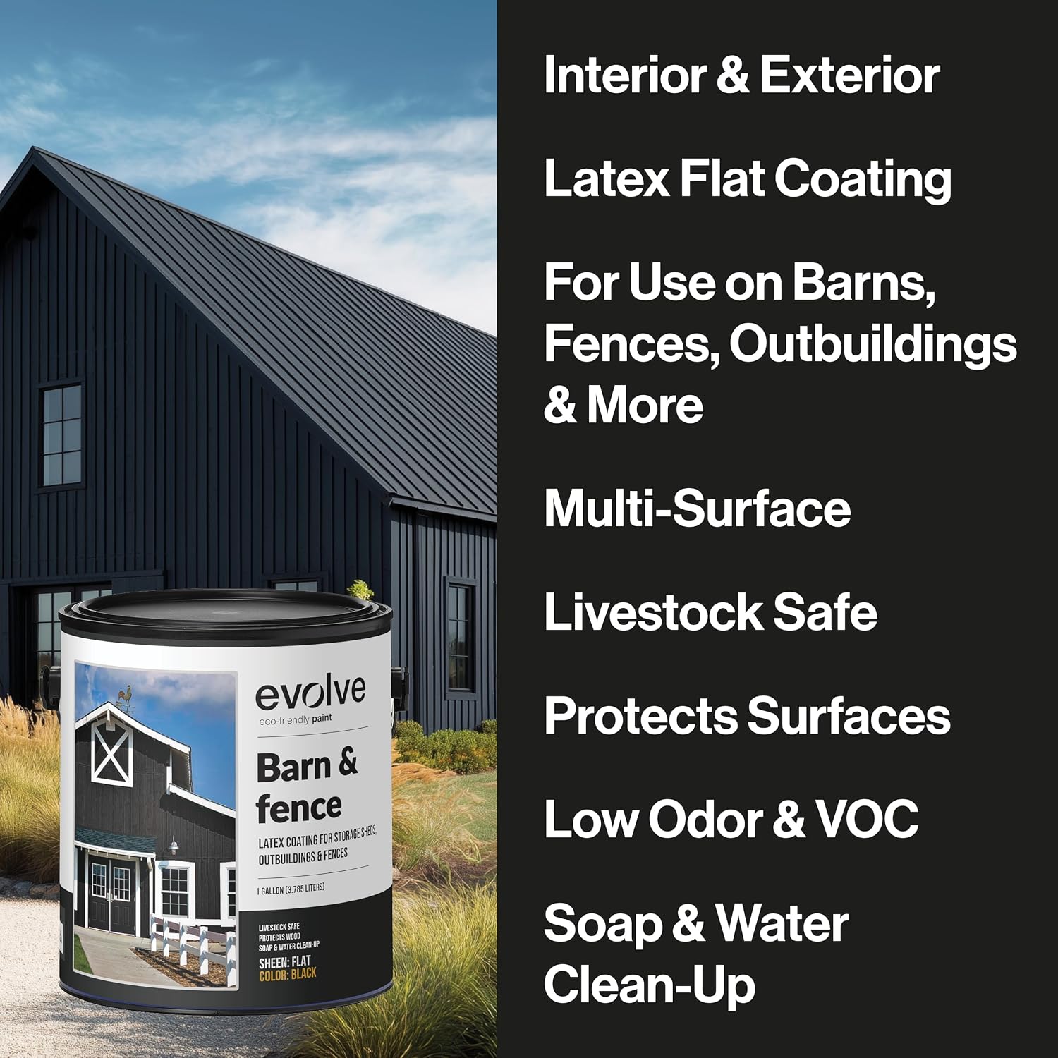 EVOLVE Barn & Fence Paint, Flat (Black), 5 Gallon – Durable Scratch-Resistant Wood Coating for Outbuildings & Fences, Fast-Dry Water-Based Formula