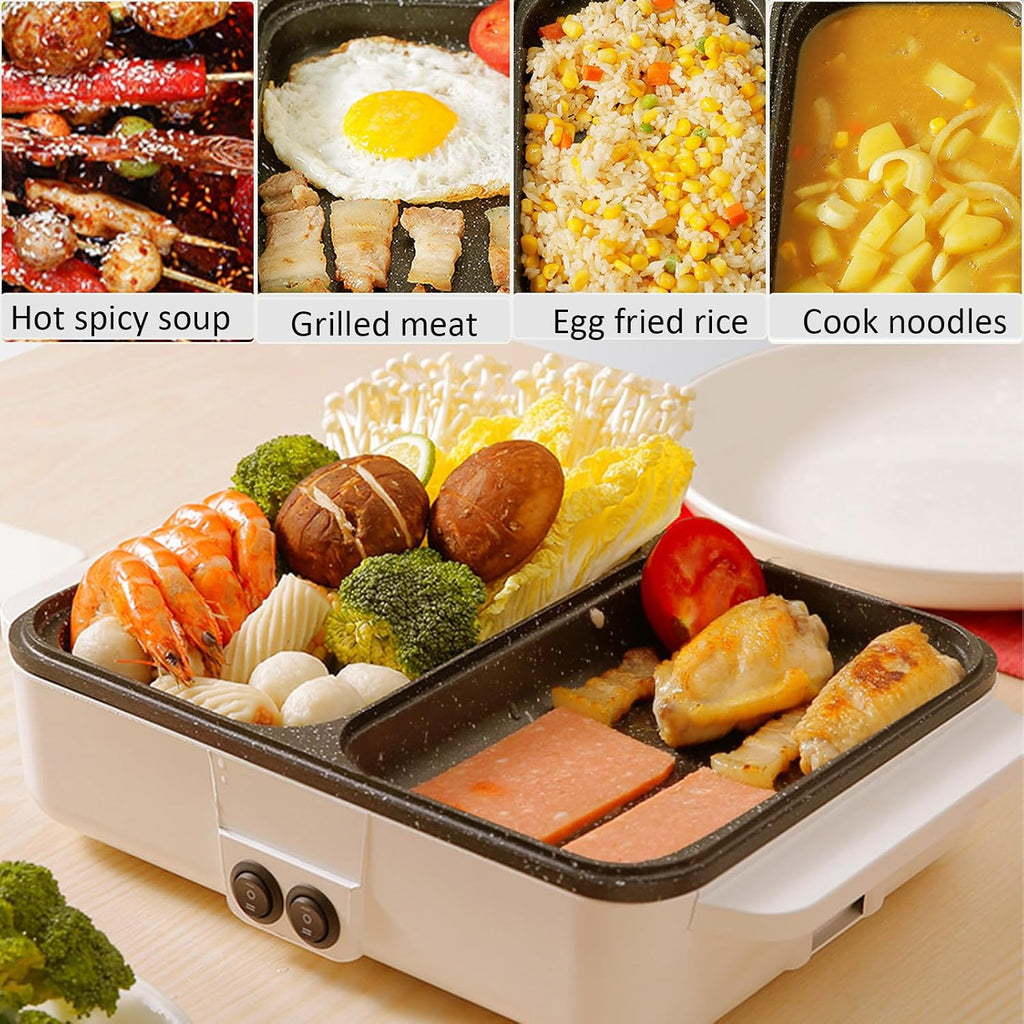 2 in 1 Electric Hot Pot & Grill, 1200W Multifunction Smokeless Korean BBQ, Nonstick Frying Pan & Hot Pot, Perfect for Indoor/Outdoor Parties, 110V, White