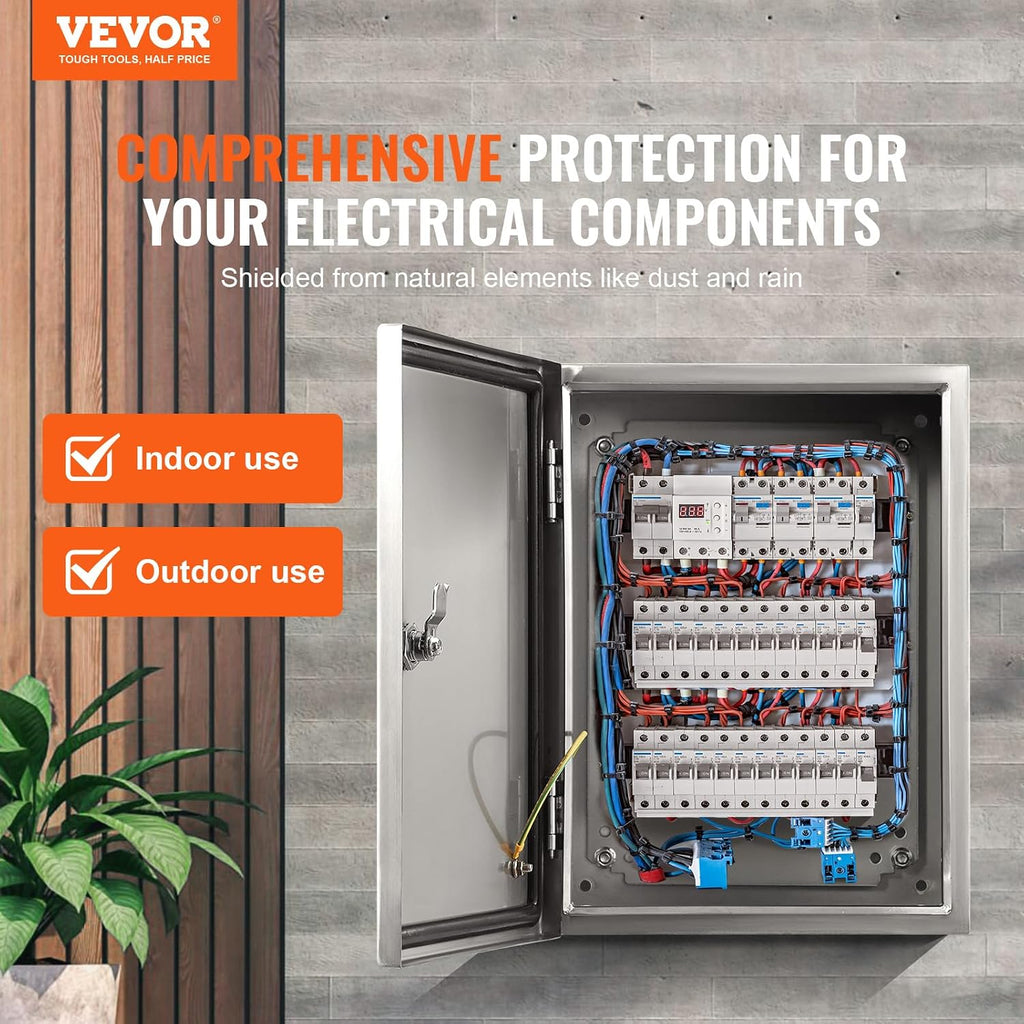 Steel Electrical Box, 20'x 16'x 8', 304 Stainless Steel Electrical Enclosure Box, Wall-Mounted Outdoor Electrical Electronic Equipment Enclosure with Mounting Plate Hinges Lock, IP66 Waterproof
