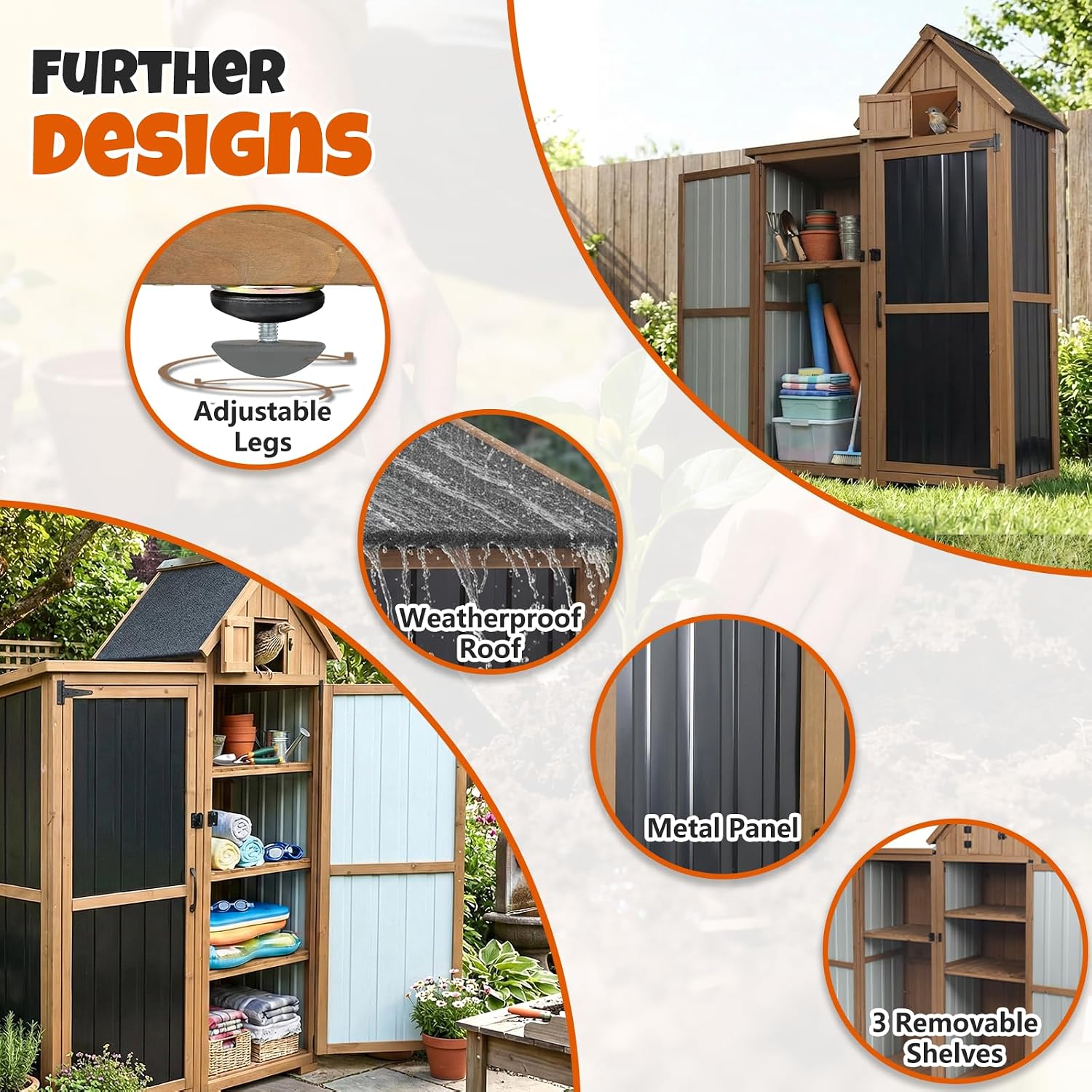 All-in-One Metal & Wood Outdoor Storage Cabinet with Top Compartment, Waterproof Asphalt Roof, Removable Shelves, Heavy-Duty Patio Garage Organizer