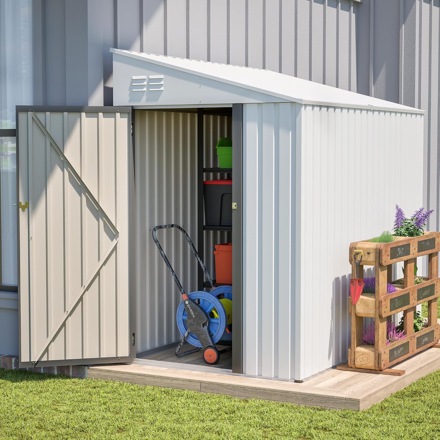 4x7 ft Lean to Metal Storage Shed, Galvanized Steel Outdoor Tool Shed with Vents & Sloped Roof, Space-Saving Backyard & Patio Storage, White