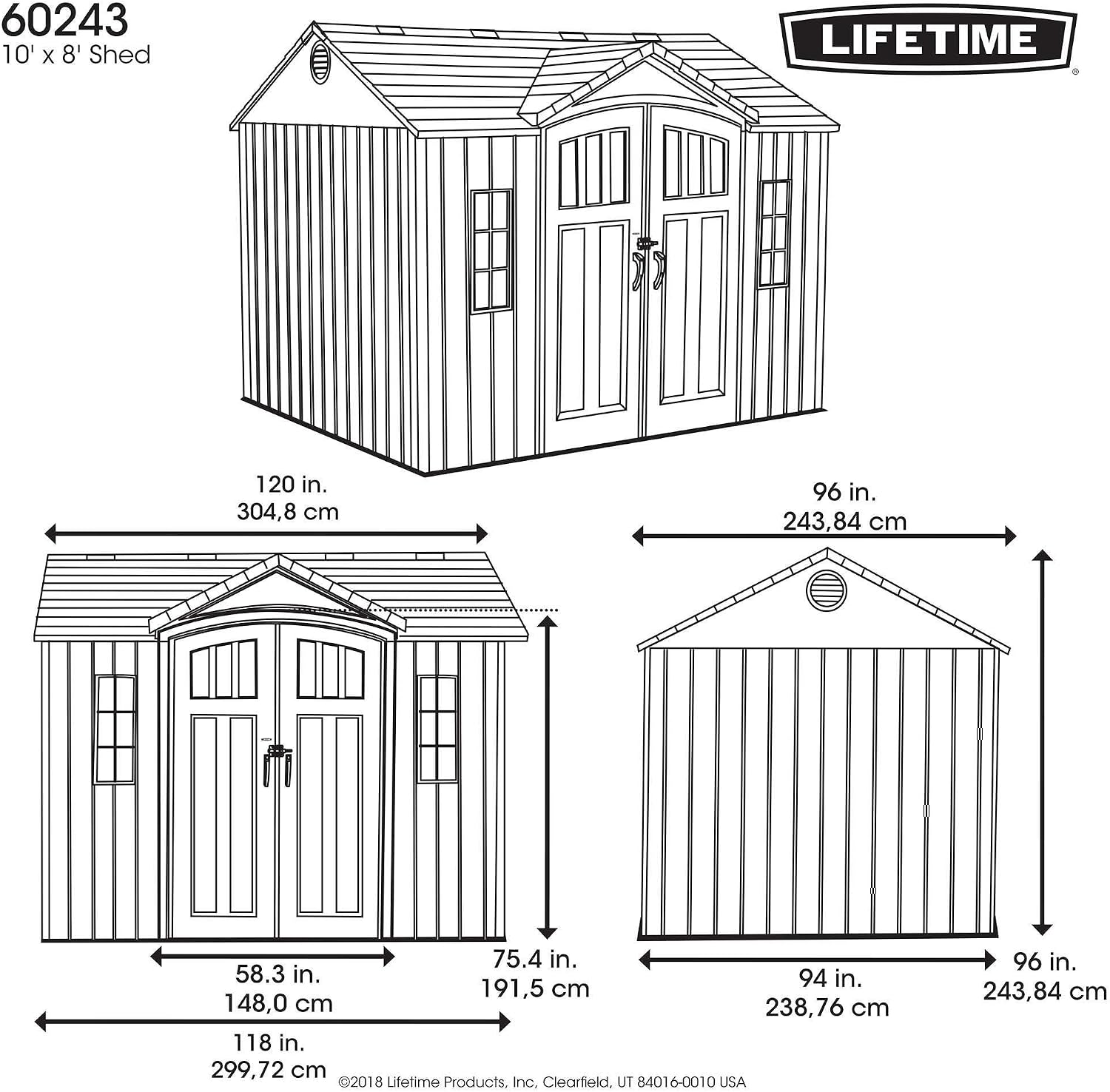 Lifetime 10×8 Ft. Outdoor Storage Shed, Dual‑Wall HDPE with Steel‑Reinforced Structure, Side‑Entry Doors with Windows, Skylight, Screened Vents, Adjustable Shelves, Slip‑Resistant Floor, UV‑Protected