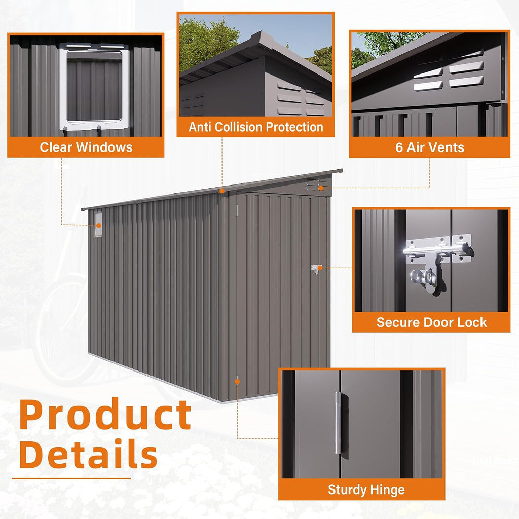 4x9 FT Lean to Shed with Windows, Outdoor Storage Metal Shed with 6 Vents and 1 Side Open Door, Outdoor Storage Shed Waterproof for Backyard, Garden, Patio, Gray