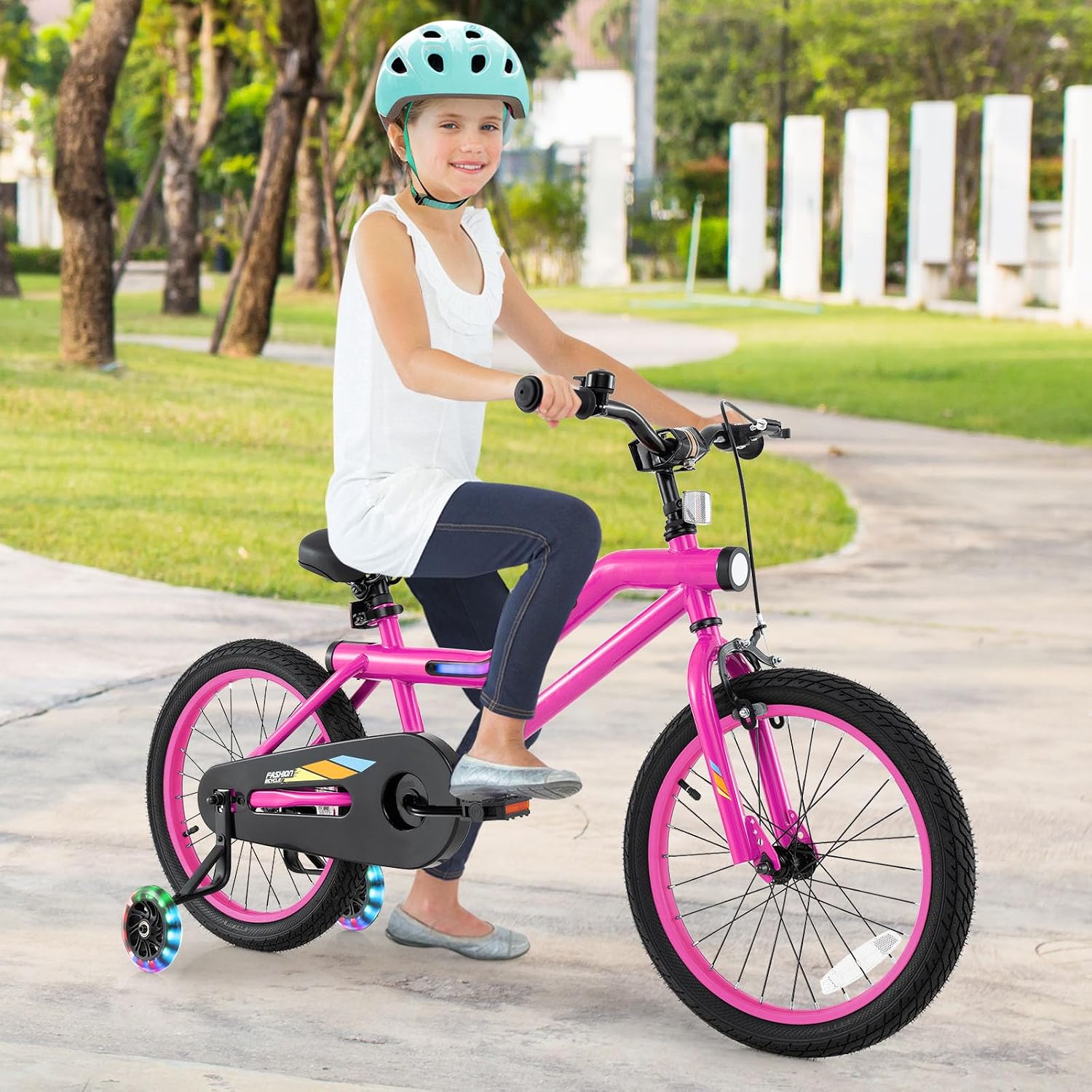 BABY JOY Lighted Kids Bike, 16 18 Inch Children Bicycle with 7-Mode LED Lighted Frame, Headlight, Flash Training Wheels, Dual-Brake, 95% Pre-Assembled, Girls Boys Bike for 4-8 Years