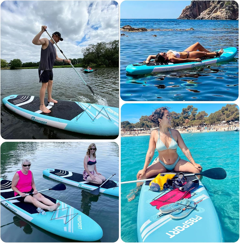 FBSPORT 11' Premium Stand Up Paddle Board, Yoga Board with SUP Accessories & Carry Bag | Wide Stance, Surf Control, Non-Slip Deck, Leash, Paddle and Pump for Youth & Adult