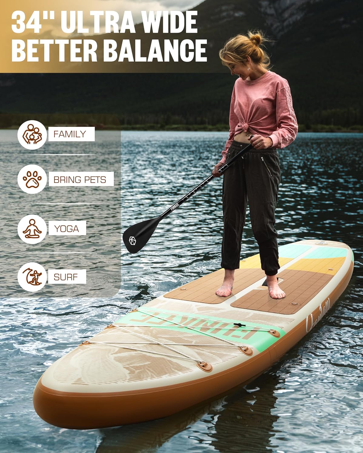 11'×34'×6' Extra Wide Inflatable Stand Up Paddle Board, Sup Board with Removable Fins, Backpack, Floating Paddle, Safety Leash, Floating Phone Case for Adults & Youth of All Skill Levels