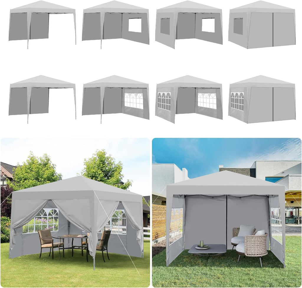 10x10FT Canopy Tent, Outdoor Gazebo Pop up Canopy with 4 Removable Sidewalls & 2 Windows, Patio Camping Shade Canopy with 4 PCS Weight Sand Bag & Carry Bag, Ideal for Parties Events, Grey